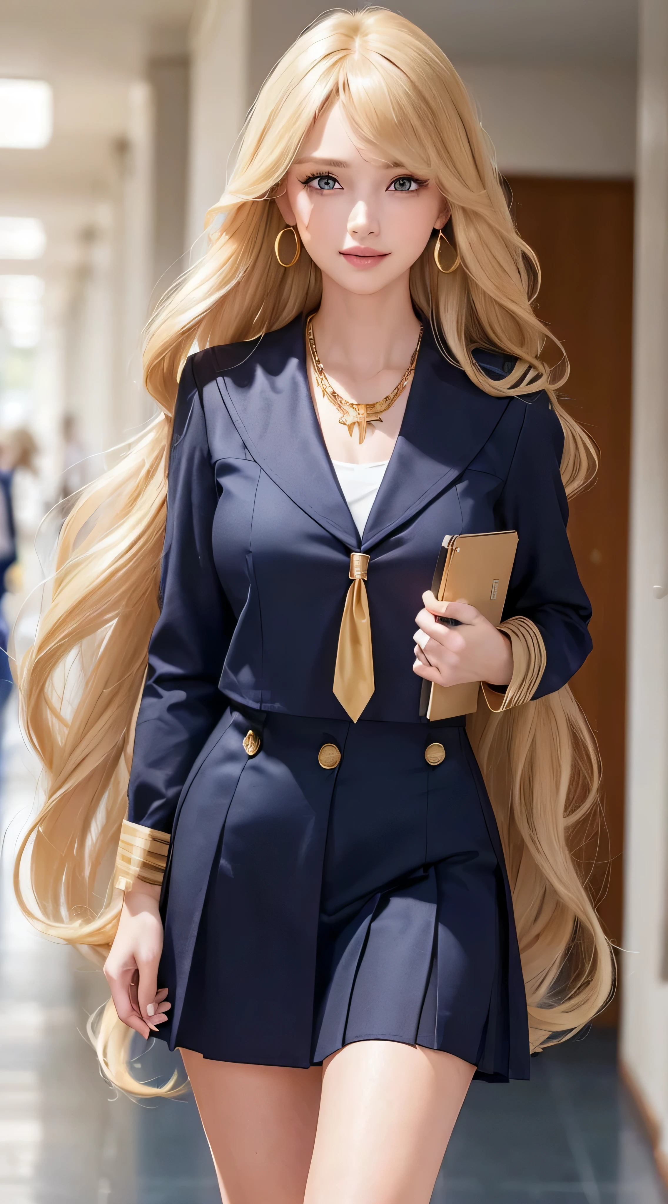 European and American women, Fashion Model, Glamour, blonde hair, With bangs、brown eyes, 8K, high quality, masterpiece, 最high quality, HD, very detailed、voluminous lighting, photorealistic、((Super long blonde hair:1.2))((Hair with loose waves inside:1.2)),((gold necklace_Large earrings:1.2)),((school uniform_navy sailor suit:1.3)),((shy smile:1.3)),((school hallway_Walking towards me alone in the presence of everyone.:1.3))、