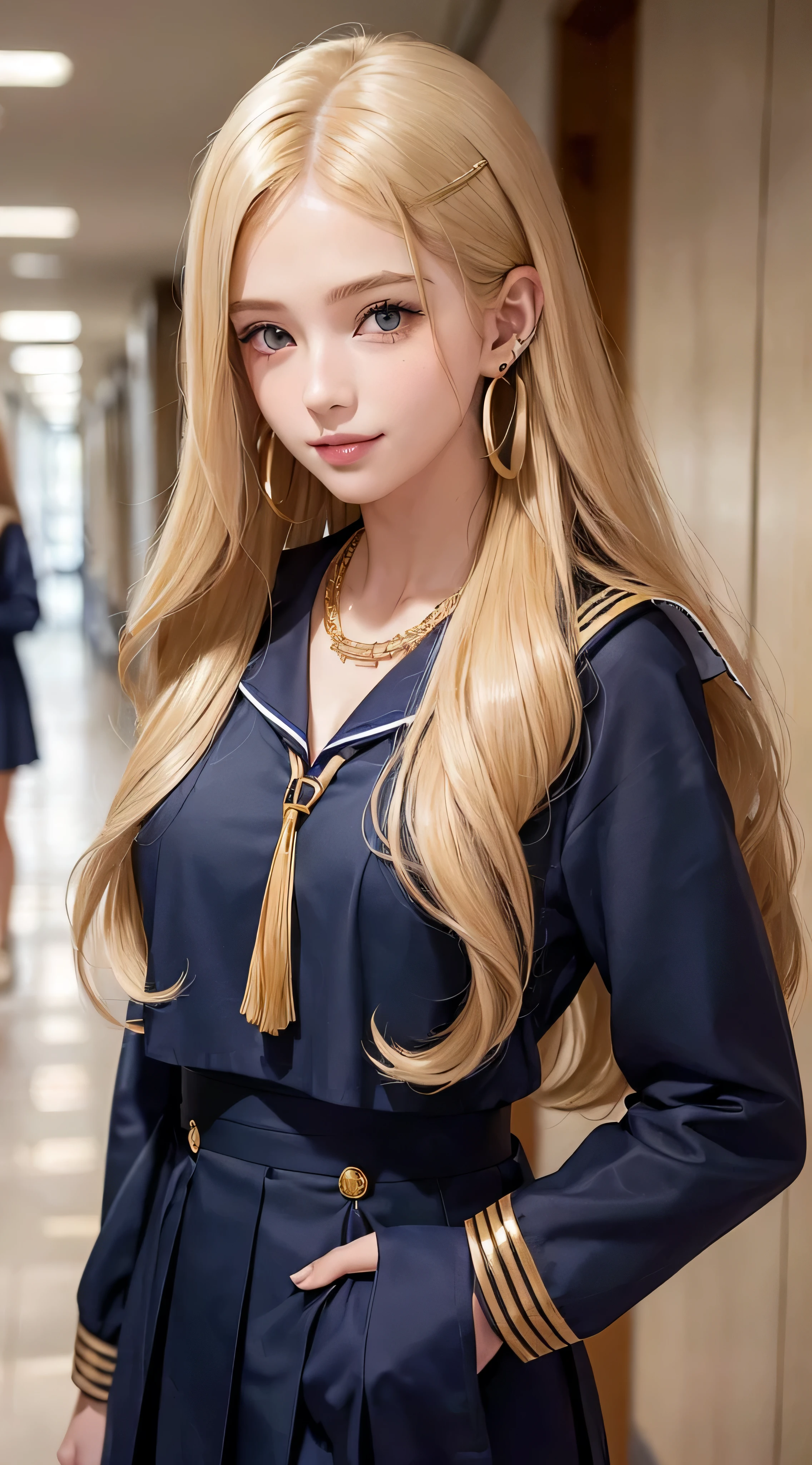 European and American women, Fashion Model, Glamour, blonde hair, With bangs、brown eyes, 8K, high quality, masterpiece, 最high quality, HD, very detailed、voluminous lighting, photorealistic、((Super long blonde hair:1.2))((Hair with loose waves inside:1.2)),((gold necklace_Large earrings:1.2)),((school uniform_navy sailor suit:1.3)),((shy smile:1.3)),((school hallway_There are many students_running towards me alone:1.3))