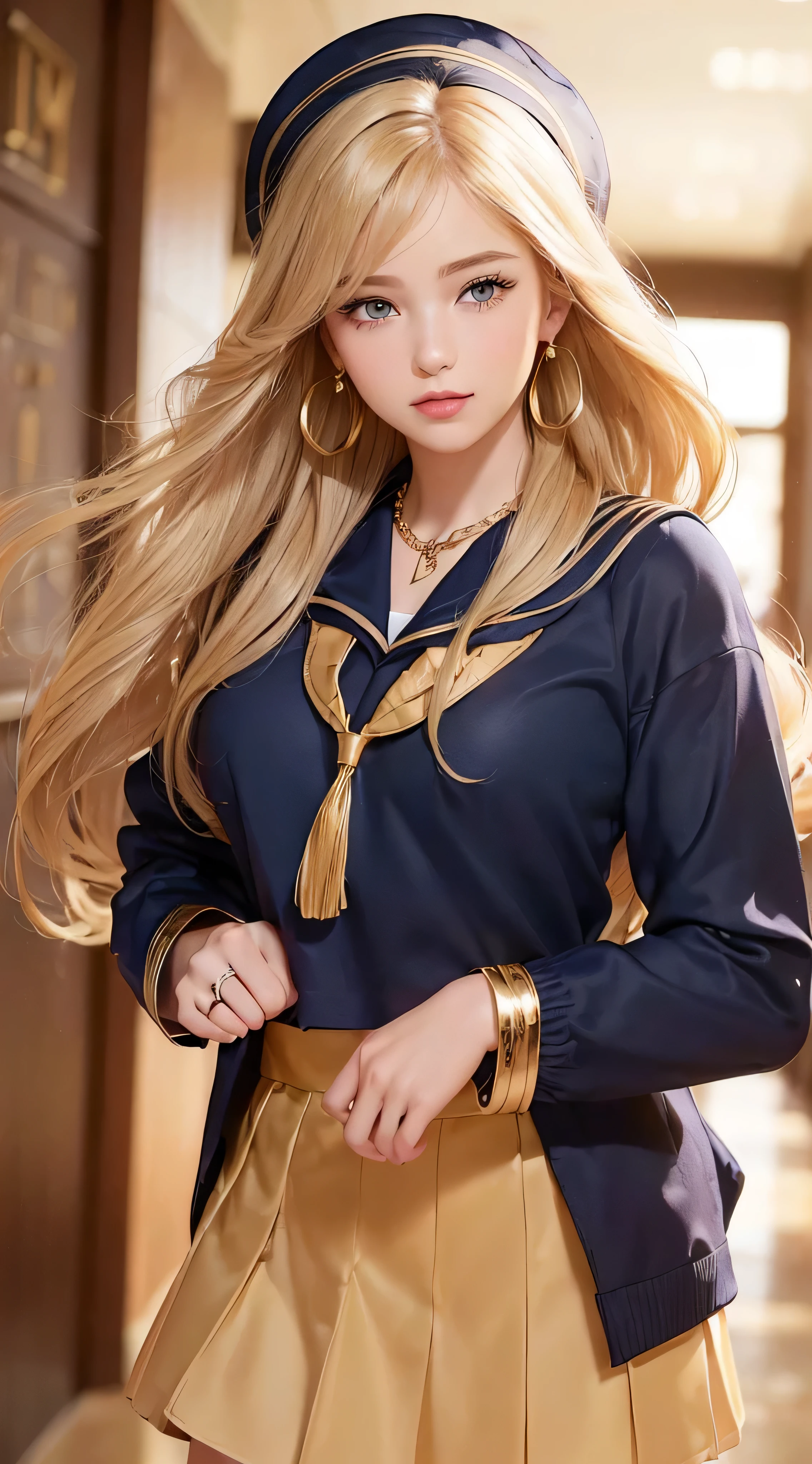 European and American women, Fashion Model, Glamour, blonde hair, With bangs、brown eyes, 8K, high quality, masterpiece, 最high quality, HD, very detailed、voluminous lighting, photorealistic、((Super long blonde hair:1.2))((Hair with loose waves inside:1.2)),((gold necklace_Large earrings:1.2)),((school uniform_navy sailor suit:1.3)),((shy smile:1.3)),((school hallway_There are many students_running towards me alone_The hem of the skirt is rolling up_hair is flowing:1.3))((hat is off))
