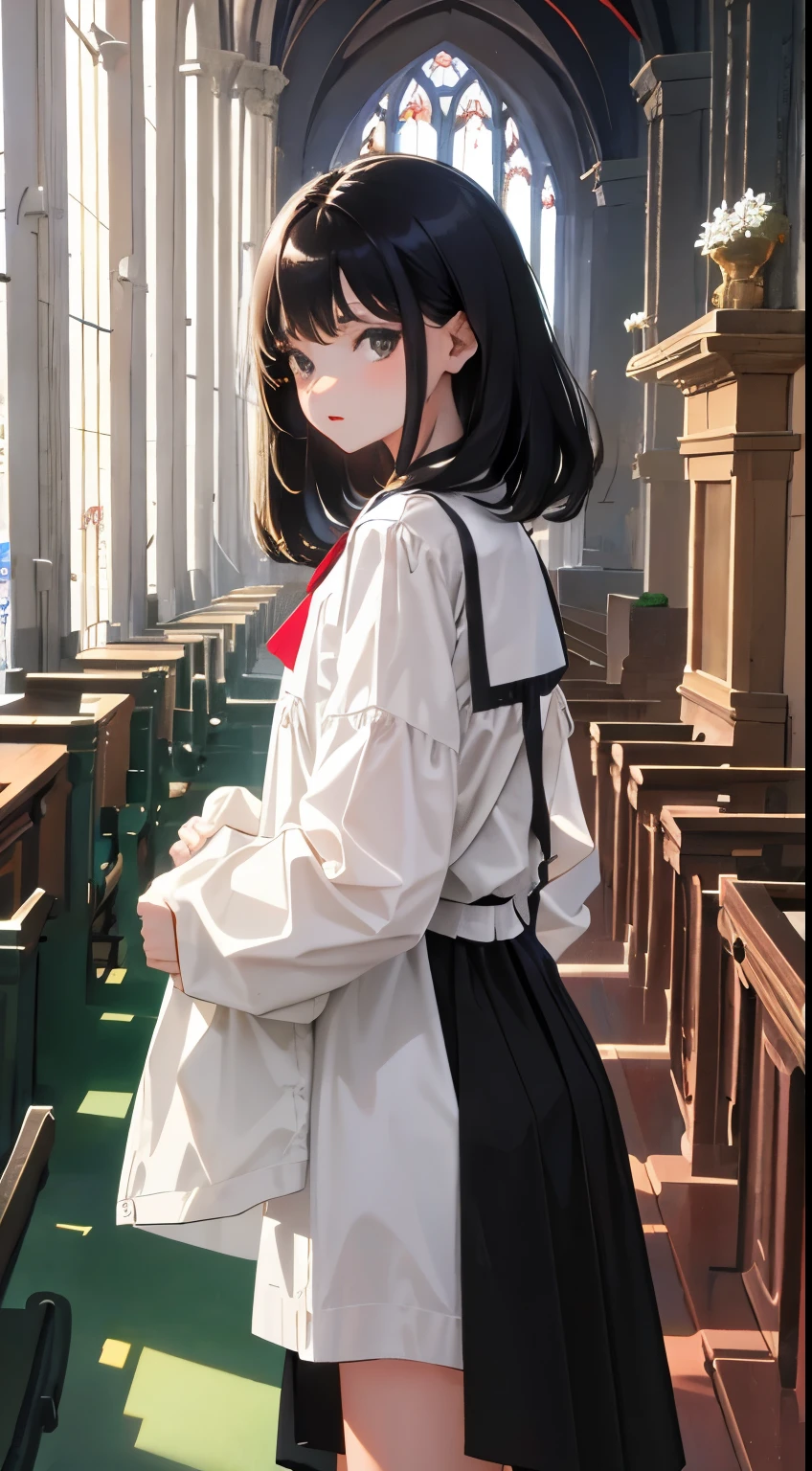 (short cute girl,small young student,young delicate girl),(masterpiece,Top quality),church,long black hair