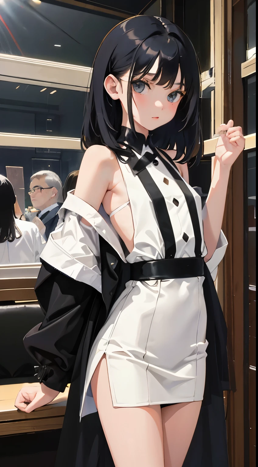 (short cute girl,small young student,young delicate girl),(masterpiece,Top quality),church,long black hair