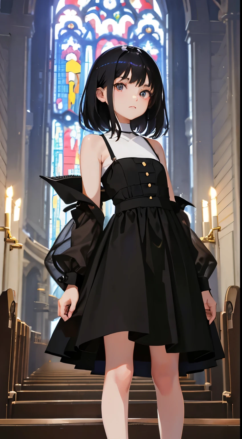 (short cute girl,small young student,young delicate girl),(masterpiece,Top quality),church,long black hair