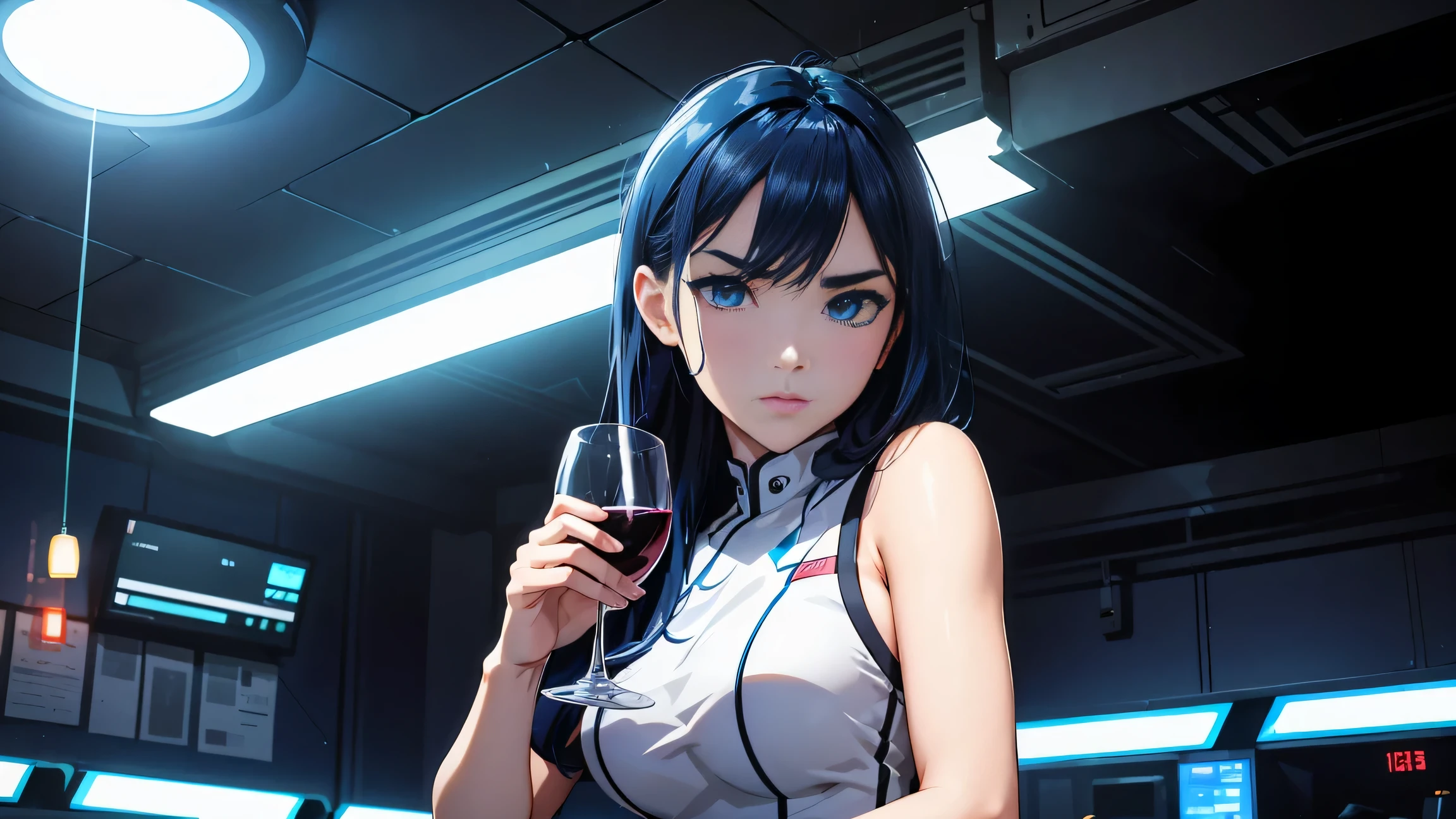 cool synthwave anime girl , dark blue hair , blue eyes , rainy time , underground dance club , whole body shot, big brest, (Perfect thick white eyebrows) Delicate fur, 详细s face, s the perfect face, At a in an underground dance club , (Drink a glass of wine while standing), Comfortable background, perfect decoration, lighting atmosphere, ((Bonifasko lighting)), (The round lenses on his eyes)(詳細な目), Perfect student, face close up