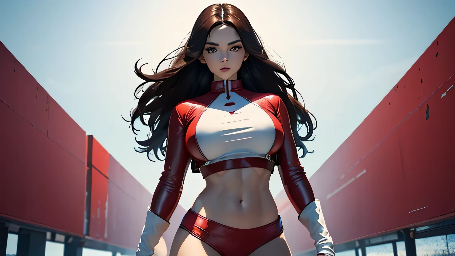 4K, A high resolution, Best quality at best, masterpiece, perfect colors, perfect shadow, perfect litthing, ((sportrait)), 1woman, fit-muscled body, bright yellow eyes,dark brown hair , blue eyes, With round lenses, big breast, The audience watched carefully, (s face: 1.2), Perfect female figure, ((standing)), ((red Tight crop top pure red leather suit)), ((shy and looking at viewert)), (Perfect thick white eyebrows) Delicate fur, 详细s face, s the perfect face, (model pose standing),(abstract background:1.5), (treditional dress:1.2), (shiny skin), (many colors:1.4), upper body