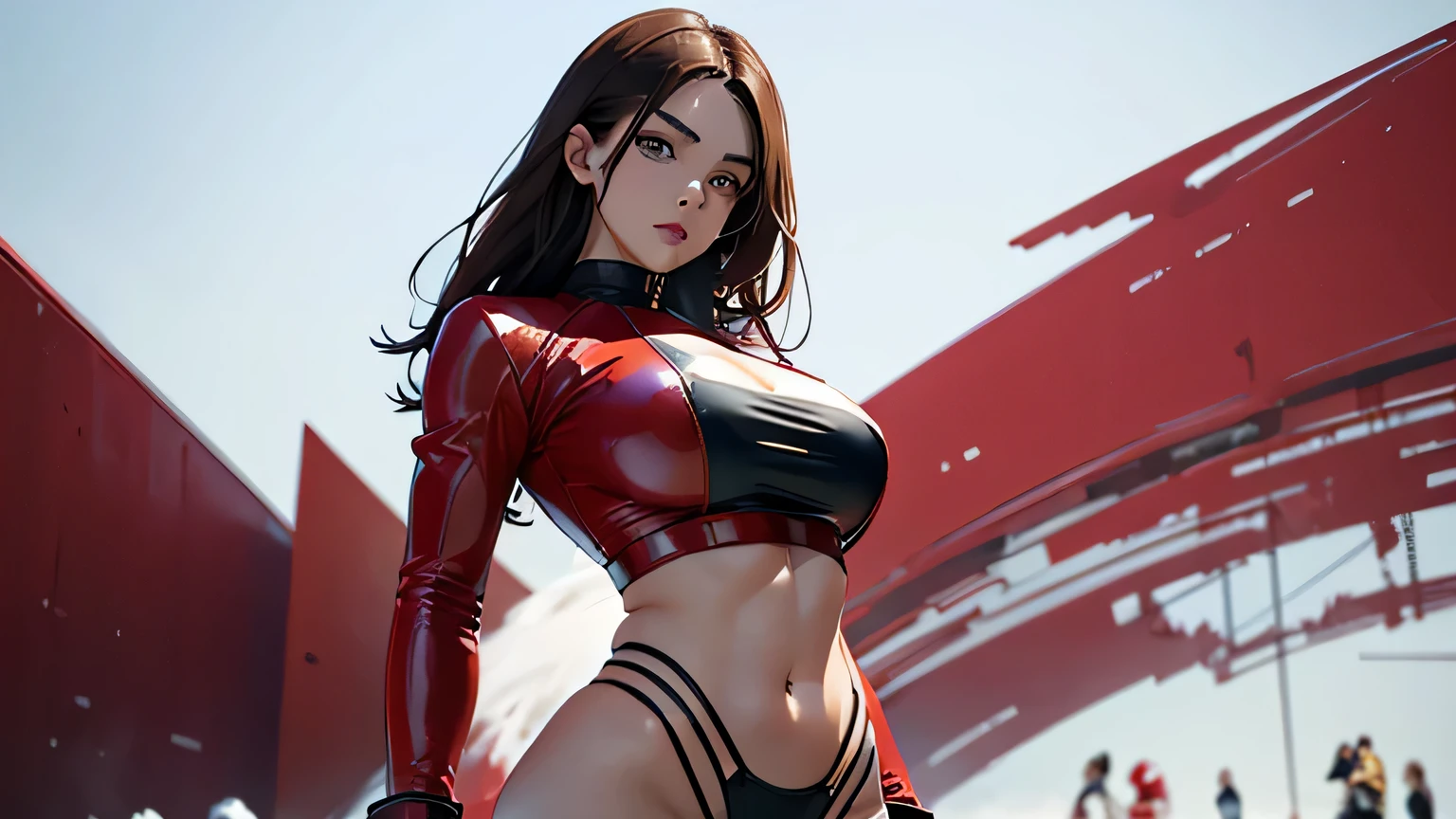 4K, A high resolution, Best quality at best, masterpiece, perfect colors, perfect shadow, perfect litthing, ((sportrait)), 1woman, fit-muscled body, bright yellow eyes,dark brown hair , blue eyes, With round lenses, big breast, The audience watched carefully, (s face: 1.2), Perfect female figure, ((standing)), ((red Tight crop top pure red leather suit)), ((shy and looking at viewert)), (Perfect thick white eyebrows) Delicate fur, 详细s face, s the perfect face, (model pose standing),(abstract background:1.5), (treditional dress:1.2), (shiny skin), (many colors:1.4), upper body