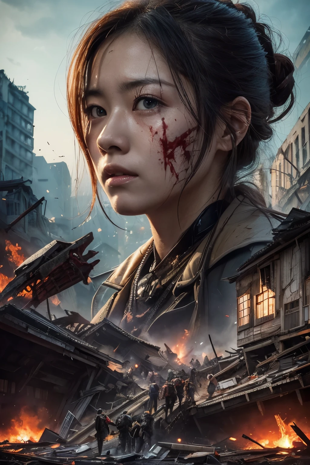 outbreak, infection, virus, Collapsed city, japan, disaster, masterpiece, high detailed, high quality, Injured peoples, bloodshed, high detailed face,