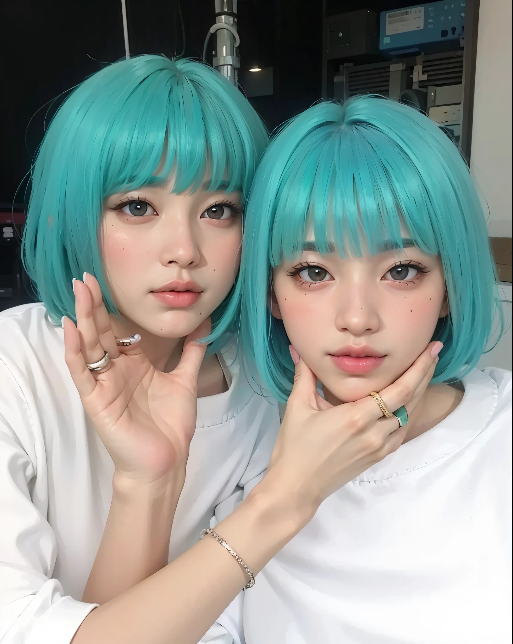 best quality,ultra-detailed, highres,masterpiece:1.2),portrait, two asian women with white shirt, Jimin,plump lips, Park Jimin-inspired aesthetic, swollen right eyelid of Jimin, Greek nose of Jimin, inspired by Bian Shoumin, elongated neck, vivid colors,soft lighting, perfect small nose, perfect face, expressive eyes, puppy eyes, adorable eyes, small nose, cute little nose asian, doll lips, round and full lips, fluffy lips, full lips, thick lips