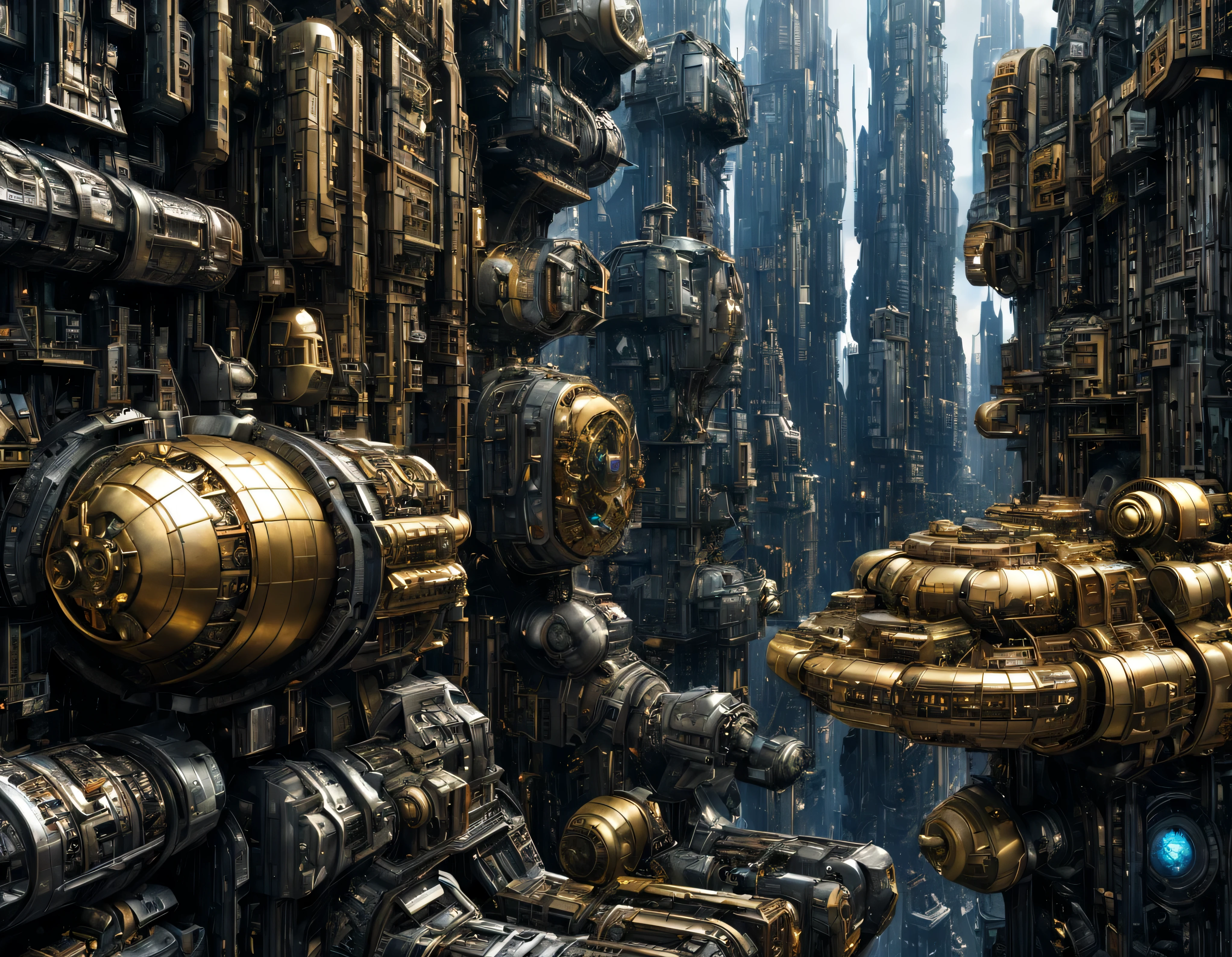 megacity, megalopolis of an imaginary world of science fiction and maximum fantasy, con inmensos edificios ovalados agrupados de metal y cristal donde predomina el oro. imagen bien definida 8k, (intrincados detalles de la maquina), con muchos edificios juntos.(obra maestra de superior calidad).(imagen fotorrealista), nitidez absoluta hasta el fondo.