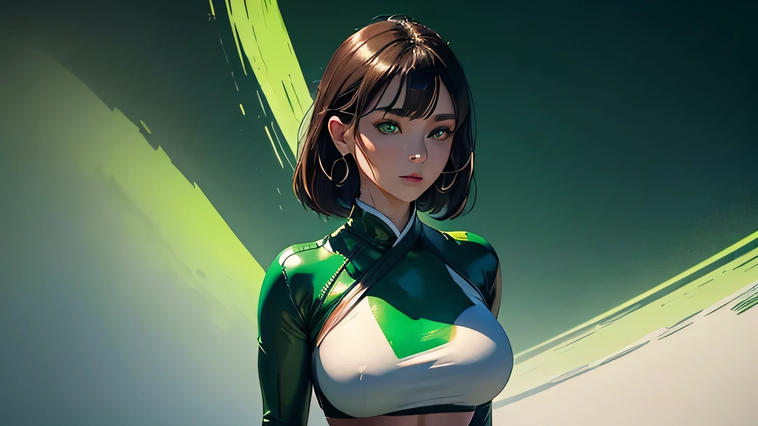 4K, A high resolution, Best quality at best, masterpiece, perfect colors, perfect shadow, perfect litthing, ((sportrait)), 1woman, fit-muscled body, bright yellow eyes,dark brown hair , blue eyes, With round lenses, big breast, The audience watched carefully, (s face: 1.2), Perfect female figure, ((standing)), ((green Tight crop top pure green leather suit)), ((shy and looking at viewert)), (Perfect thick white eyebrows) Delicate fur, 详细s face, s the perfect face, (model pose standing),(abstract background:1.5), (treditional dress:1.2), (shiny skin), (many colors:1.4), upper body