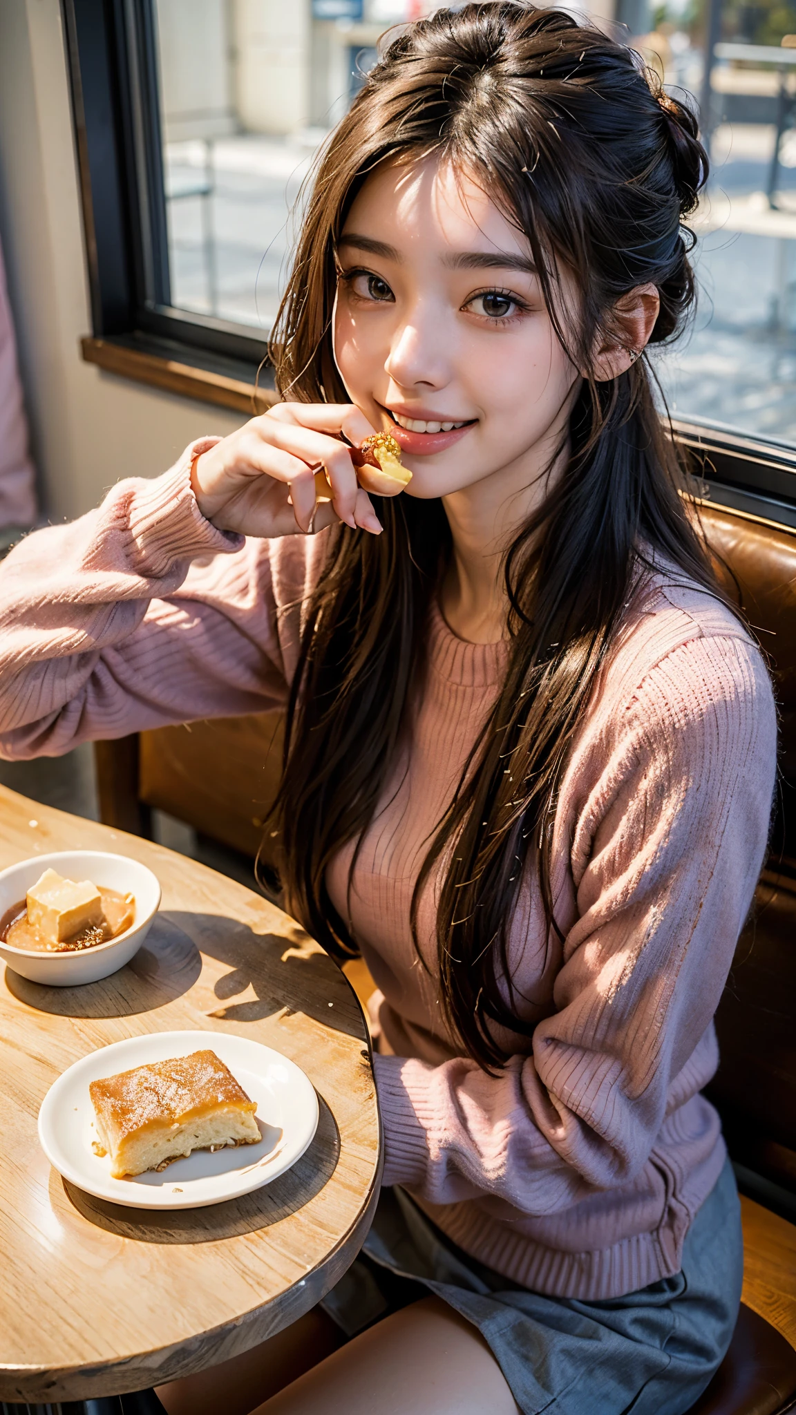 highest quality, masterpiece, ultra high resolution, (realistic:1.4), (portrait facing each other) RAW photo, 1 girl, 22 years old,slender body,Medium chest,((winter school uniform)),((long hair chignon)),((Chatting while eating sweets at a cafe)),((looking up at the viewer)),(blush),saturation, contrast,((toothy smile)),