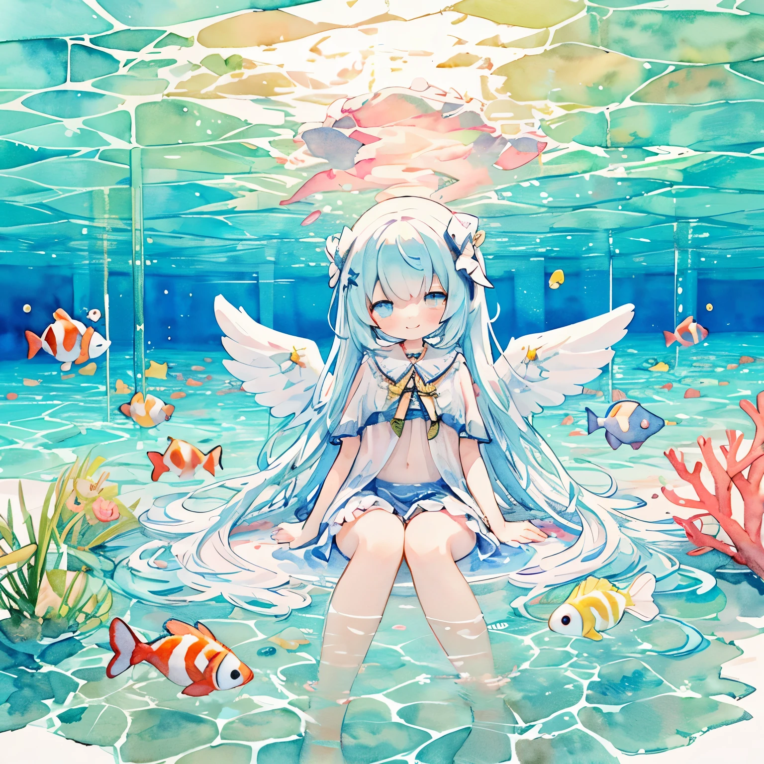 angeliclayer:1.3，(pastel colour:1.3)、(cute illustration:1.3)、(g in watercolor pait:1.1)、high quality, 最high quality, 4K, On the angel&#39;s back are large white wings and on his head is a shining gold ring.、The angel swimming in the sea is smiling gently、Sea、clownfish、The corals、smile, volume lighting. soft light, diffused lighting, synchrotron radiation, Hello, caustic, Scattered beneath the surface, dream-like, 