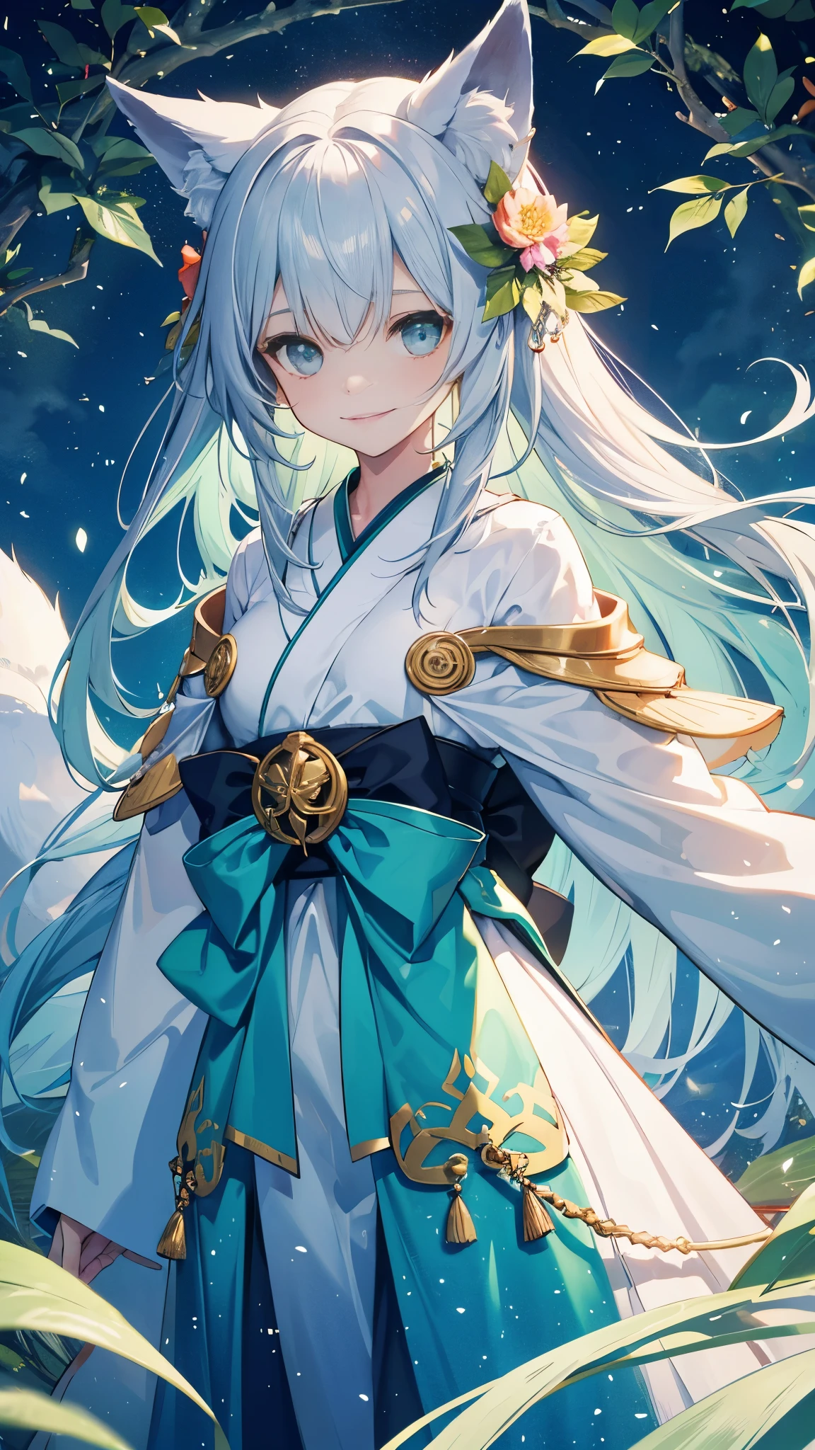 A woman (familiar face) wearing the magical symbols of a shining forest, clear sky, fine swirls and perfect wind: fog, fox ears, fox tail, bushy tails, clear sky, the mystery of the Japanese forest, the beauty of tranquility A cute fantasy world of smiles, dignity, Celestia, and light green and silver tones.