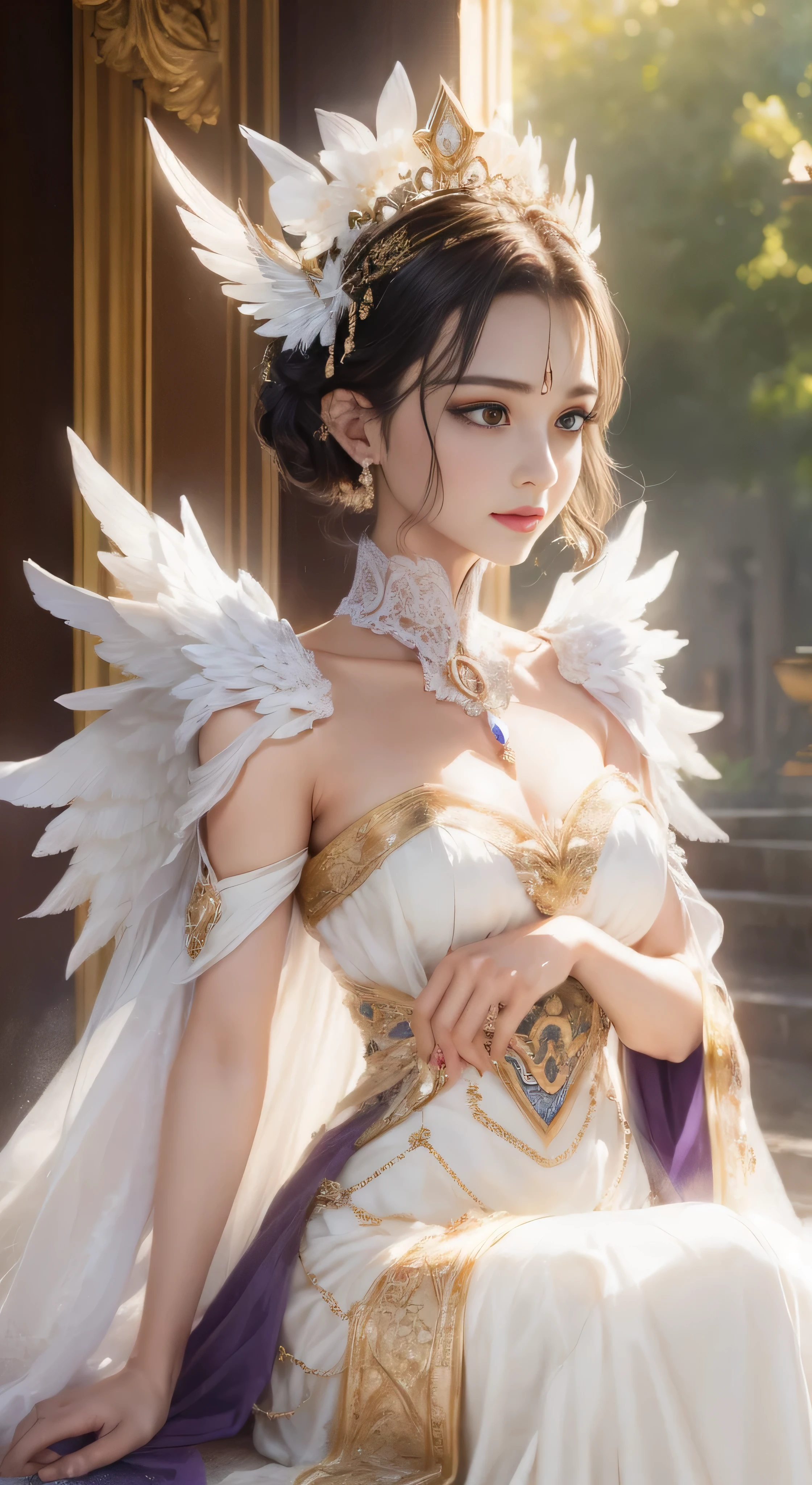 castle in the distance、face is in front、look at the camera、profile、8K、real photos、ultra high resolution, master parts, highest quality, ticker , cinematic images,nice girl、Ann、16 only、Annグロサクソン、double eyelid、droopy eyes、very big eyes、eyes are purple、dark eye shadow、lips are very thin、The tip of your nose grows beautifully.......................................................、small nose,,,,, very detailed , silver hair、straight short hair、smile、 sweet expression 、)、very clear shadows , jewelry , fine eyes, extremely difficult, shiny skin , パーフェクトブリリAnnト, perfect sentence, dramatic shadow、white tiara on head、gold necklace around neck、White aristocratic dress with gold embroidery、glass high heels、angel wings