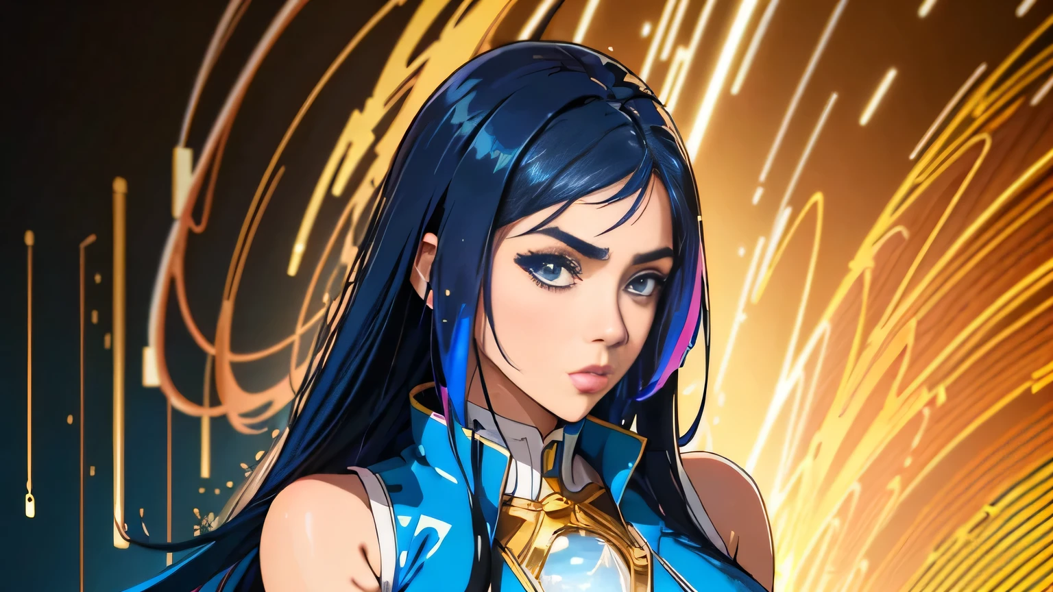 cool synthwave anime girl , dark blue hair , blue eyes , rainy time , underground dance club , whole body shot, big brest, (Perfect thick white eyebrows) Delicate fur, 详细s face, s the perfect face, At a in an underground dance club , (Drink a glass of wine while standing), (gold Tight vest pure gold leather suit), (abstract background:1.5), (treditional dress:1.2), (shiny skin), (many colors:1.4), upper body, (The round lenses on his eyes)(詳細な目), Perfect student, face close up