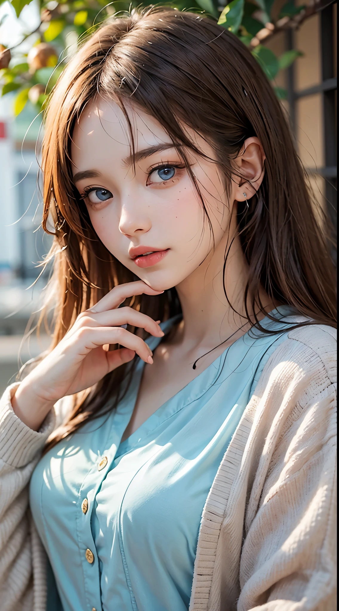 Around 20 years old、japanese women、Beautiful woman、Blonde straight long hair、beautiful hair、detailed face、fine eyes、detailed face、fine skin、real skin、((pajamas、Brown cardigan))、autumn hospital、Hospital garden、big ginkgo tree、((light blue eyes))