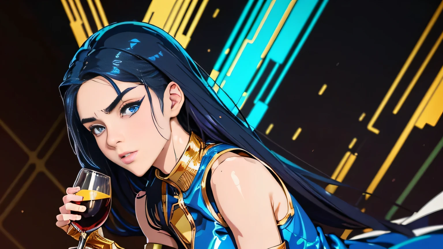 cool synthwave anime girl , dark blue hair , blue eyes , rainy time , underground dance club , whole body shot, big brest, (Perfect thick white eyebrows) Delicate fur, 详细s face, s the perfect face, At a in an underground dance club , (Drink a glass of wine while standing), (gold Tight vest pure gold leather suit), (abstract background:1.5), (treditional dress:1.2), (shiny skin), (many colors:1.4), upper body, (The round lenses on his eyes)(詳細な目), Perfect student, face close up