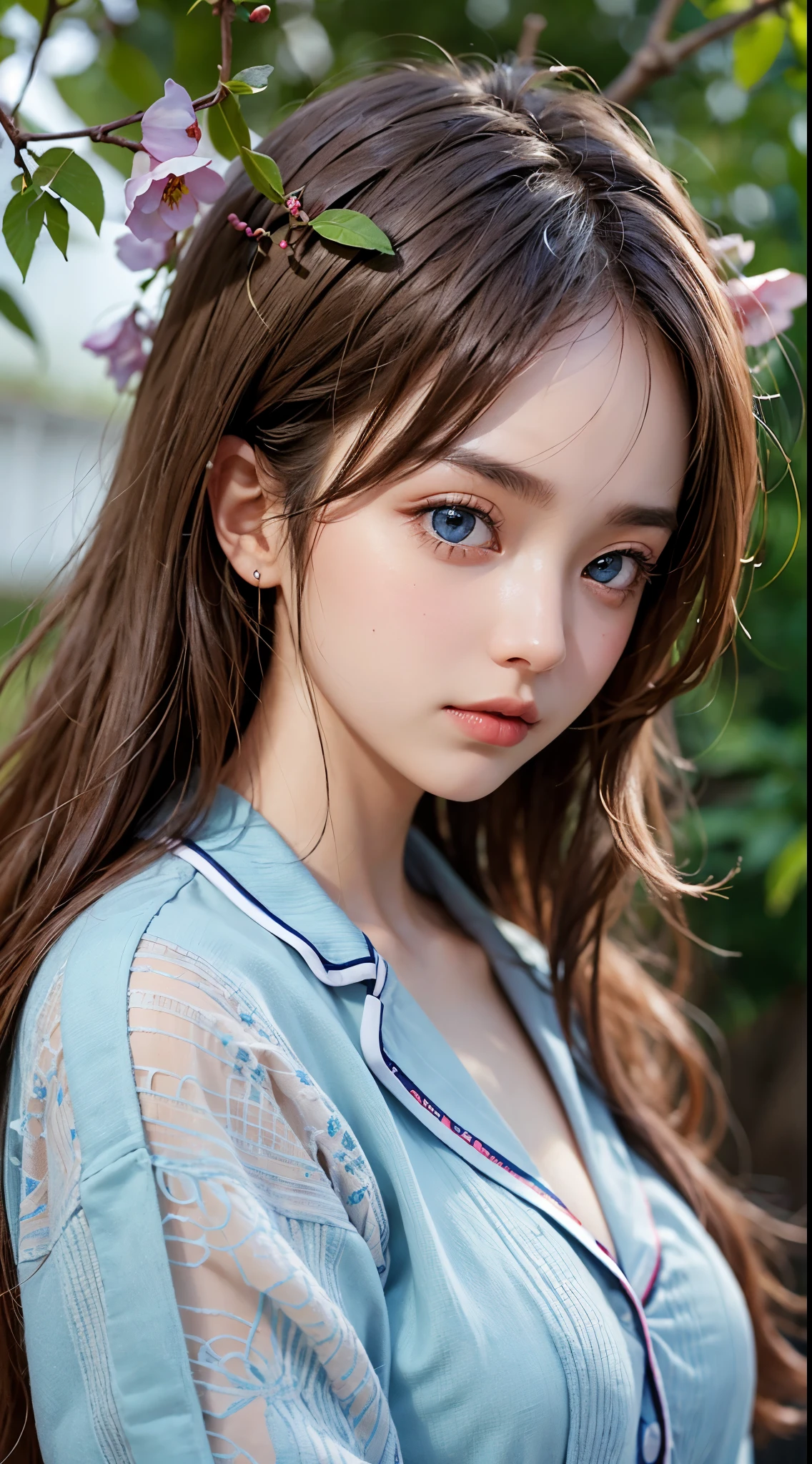 Around 20 years old、japanese women、Beautiful woman、Blonde straight long hair、beautiful hair、detailed face、fine eyes、detailed face、fine skin、real skin、((pajamas、Brown cardigan))、autumn hospital、Hospital garden、big ginkgo tree、((light blue eyes))