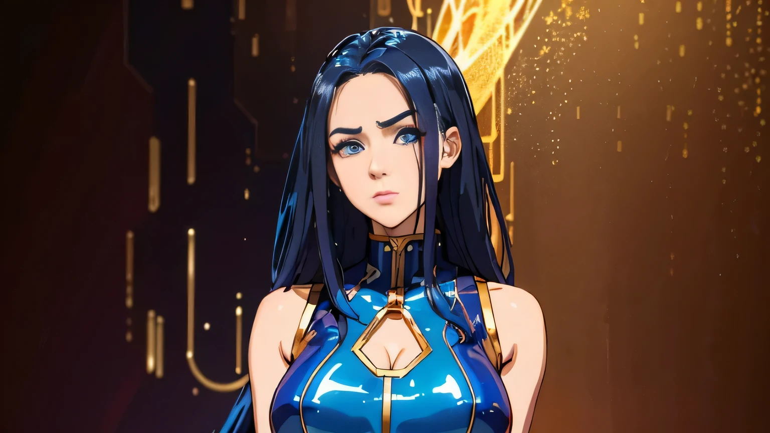 cool synthwave anime girl , dark blue hair , blue eyes , rainy time , underground dance club , whole body shot, big brest, (Perfect thick white eyebrows) Delicate fur, 详细s face, s the perfect face, At a in an underground dance club , (Drink a glass of wine while standing), (gold Tight vest pure gold leather suit), (abstract background:1.5), (treditional dress:1.2), (shiny skin), (many colors:1.4), upper body, (The round lenses on his eyes)(詳細な目), Perfect student, face close up