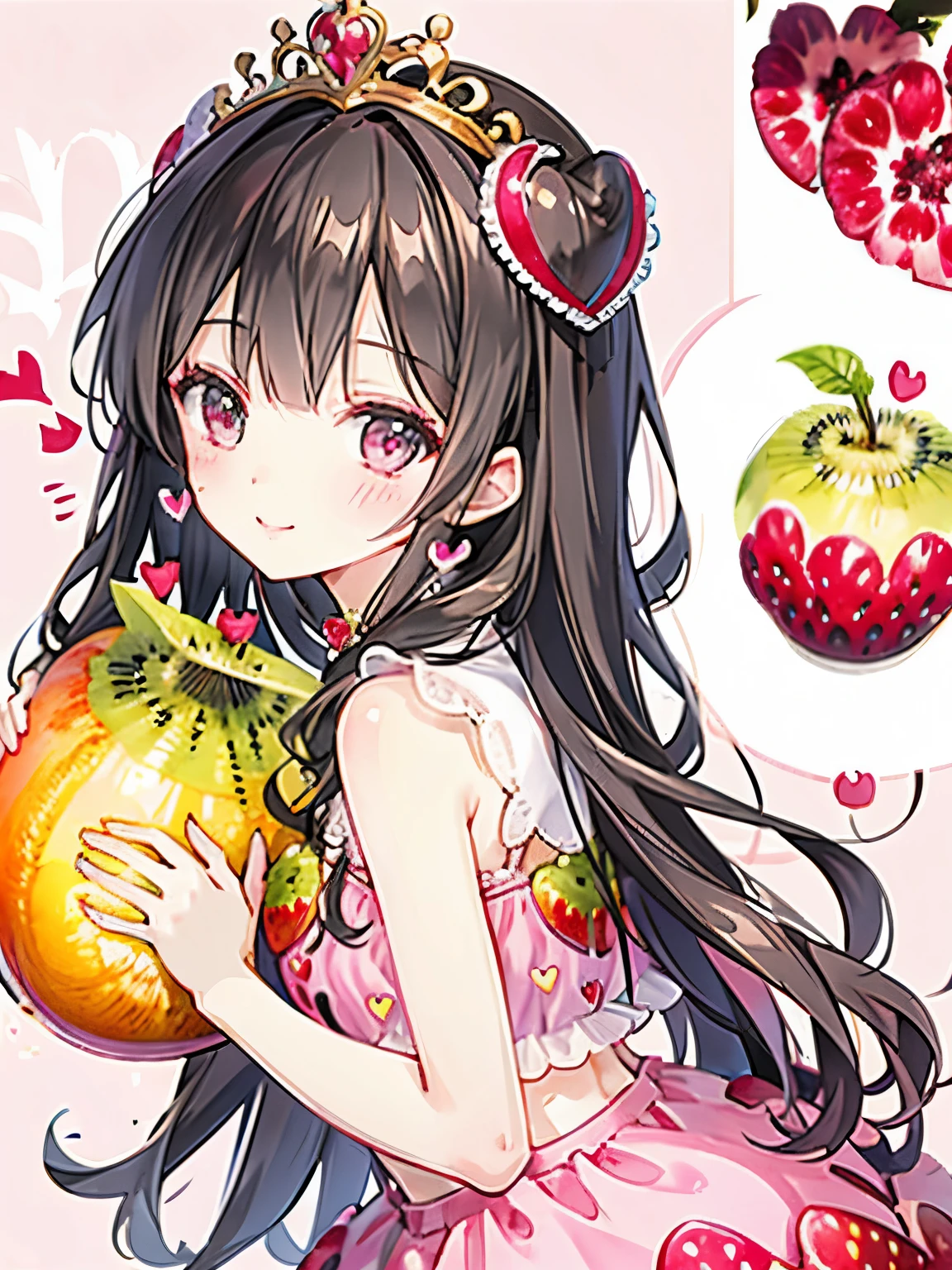 Cute outfit like a princess,((fruit collage:1.25)),((close up of face:1.2)),smile,(Pink background),((Overflowing heart:1.3))