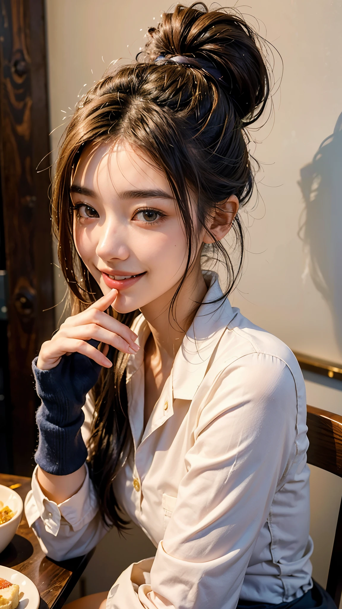 highest quality, masterpiece, ultra high resolution, (realistic:1.4), (portrait facing each other) RAW photo, 1 girl, 22 years old,slender body,Medium chest,((winter school uniform)),((long hair chignon)),((Chatting while eating sweets at a cafe)),((looking up at the viewer)),(blush),saturation, contrast,((toothy smile)),