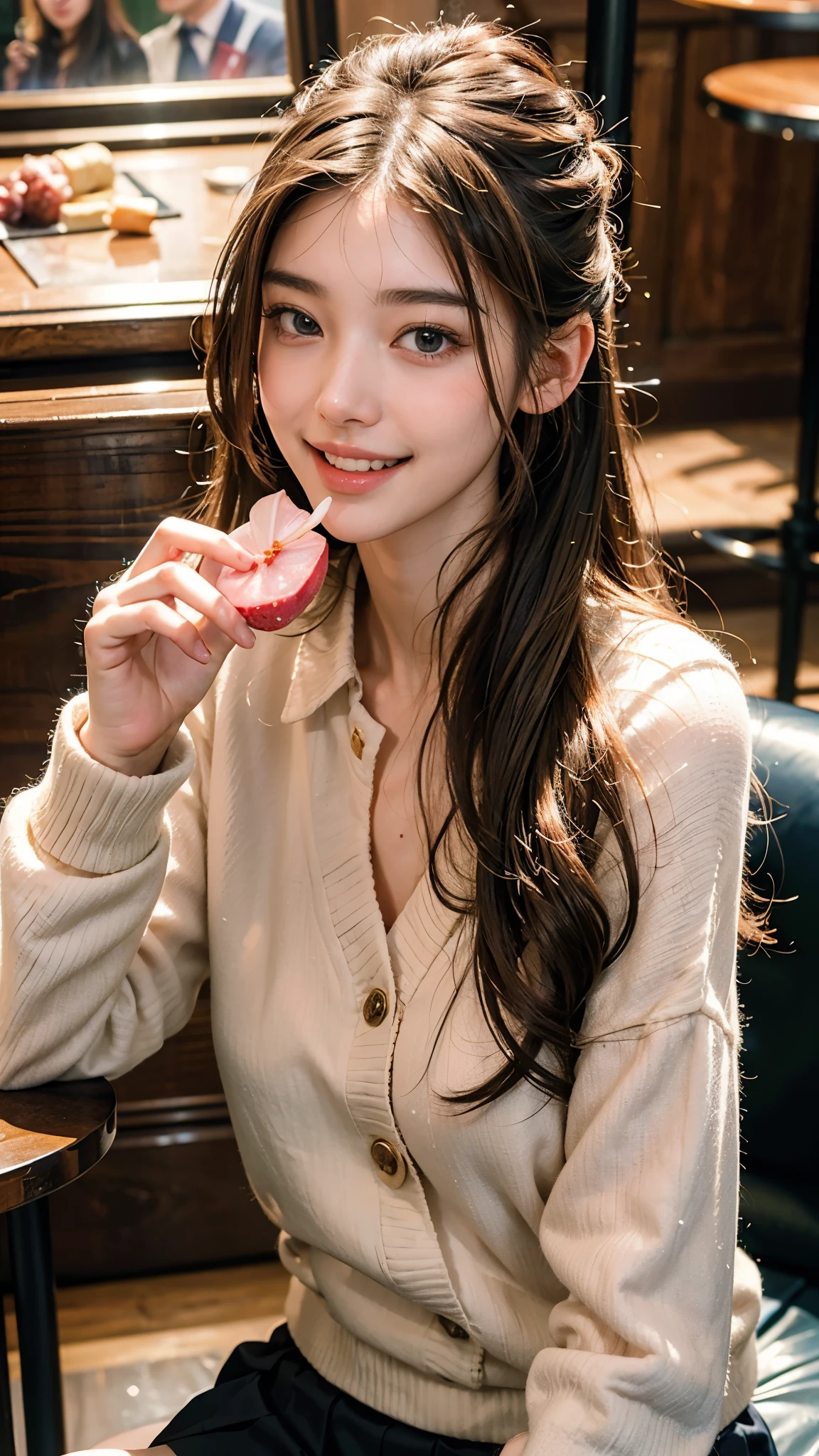 highest quality, masterpiece, ultra high resolution, (realistic:1.4), (portrait facing each other) RAW photo, 1 girl, 22 years old,slender body,Medium chest,((winter school uniform)),((long hair chignon)),((Chatting while eating sweets at a cafe)),((looking up at the viewer)),(blush),saturation, contrast,((toothy smile)),