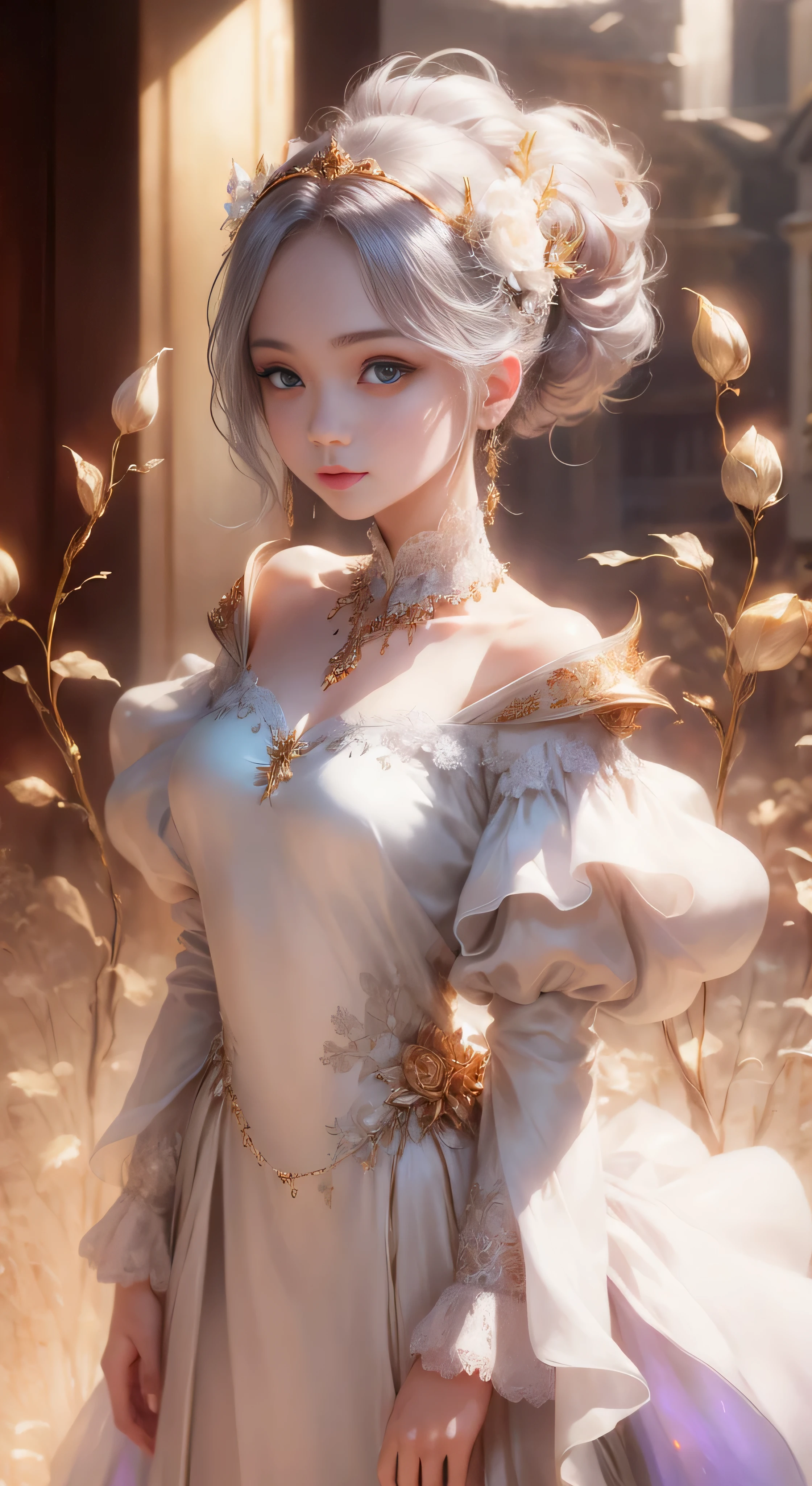 castle in the distance、face is in front、look at the camera、profile、8K、real photos、ultra high resolution, master parts, highest quality, ticker , cinematic images,nice girl、Ann、16 only、Annグロサクソン、double eyelid、droopy eyes、very big eyes、eyes are purple、dark eye shadow、lips are very thin、The tip of your nose grows beautifully.......................................................、small nose,,,,, very detailed , silver hair、straight short hair、smile、 sweet expression 、)、very clear shadows , jewelry , fine eyes, extremely difficult, shiny skin , パーフェクトブリリAnnト, perfect sentence, dramatic shadow、white tiara on head、gold necklace around neck、White aristocratic dress with gold embroidery、glass high heels、angel wings