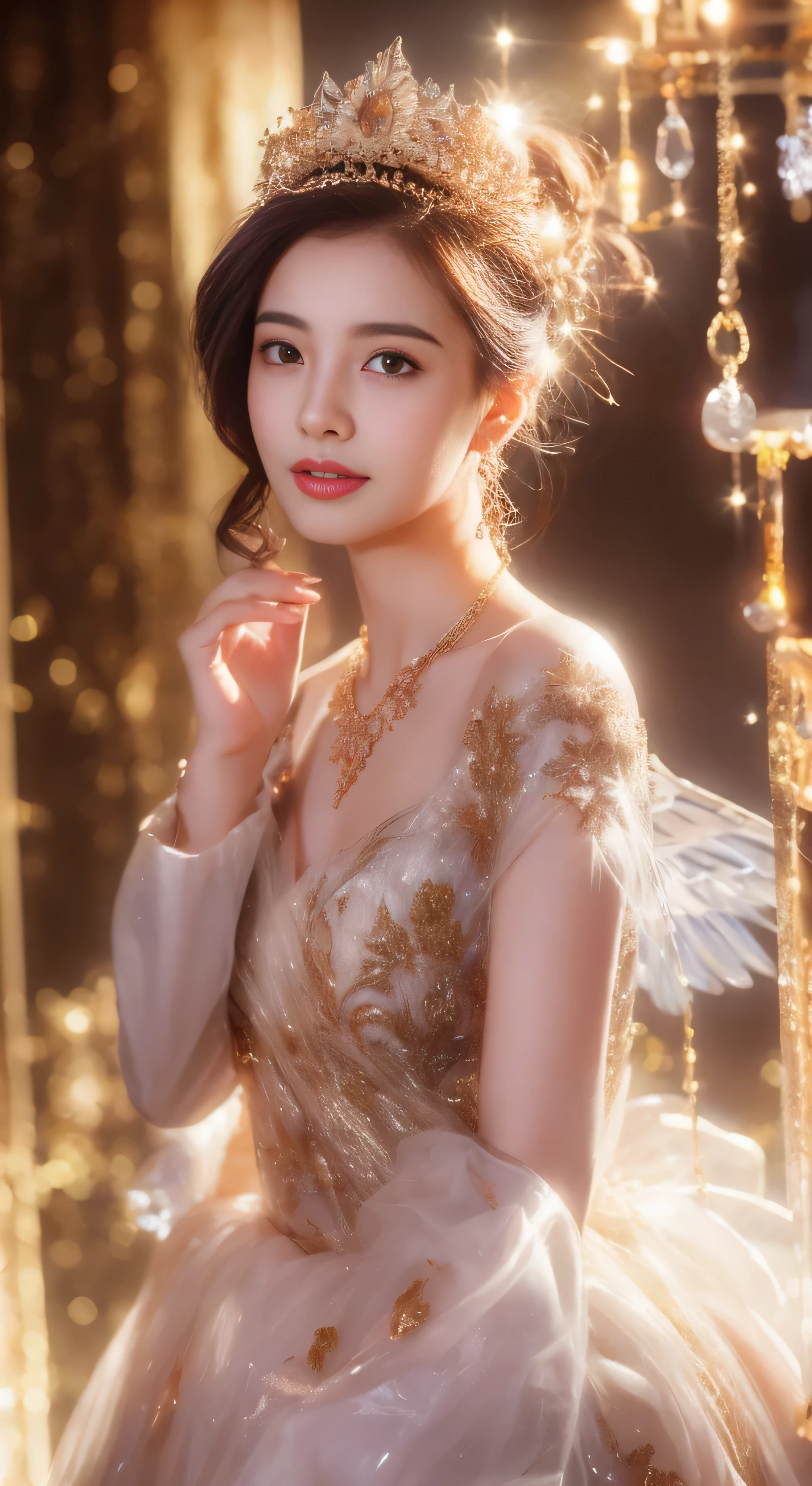 castle in the distance、face is in front、look at the camera、profile、8K、real photos、ultra high resolution, master parts, highest quality, ticker , cinematic images,nice girl、Ann、16 only、Annグロサクソン、double eyelid、droopy eyes、very big eyes、eyes are purple、dark eye shadow、lips are very thin、The tip of your nose grows beautifully.......................................................、small nose,,,,, very detailed , silver hair、straight short hair、smile、 sweet expression 、)、very clear shadows , jewelry , fine eyes, extremely difficult, shiny skin , パーフェクトブリリAnnト, perfect sentence, dramatic shadow、white tiara on head、gold necklace around neck、White aristocratic dress with gold embroidery、glass high heels、angel wings