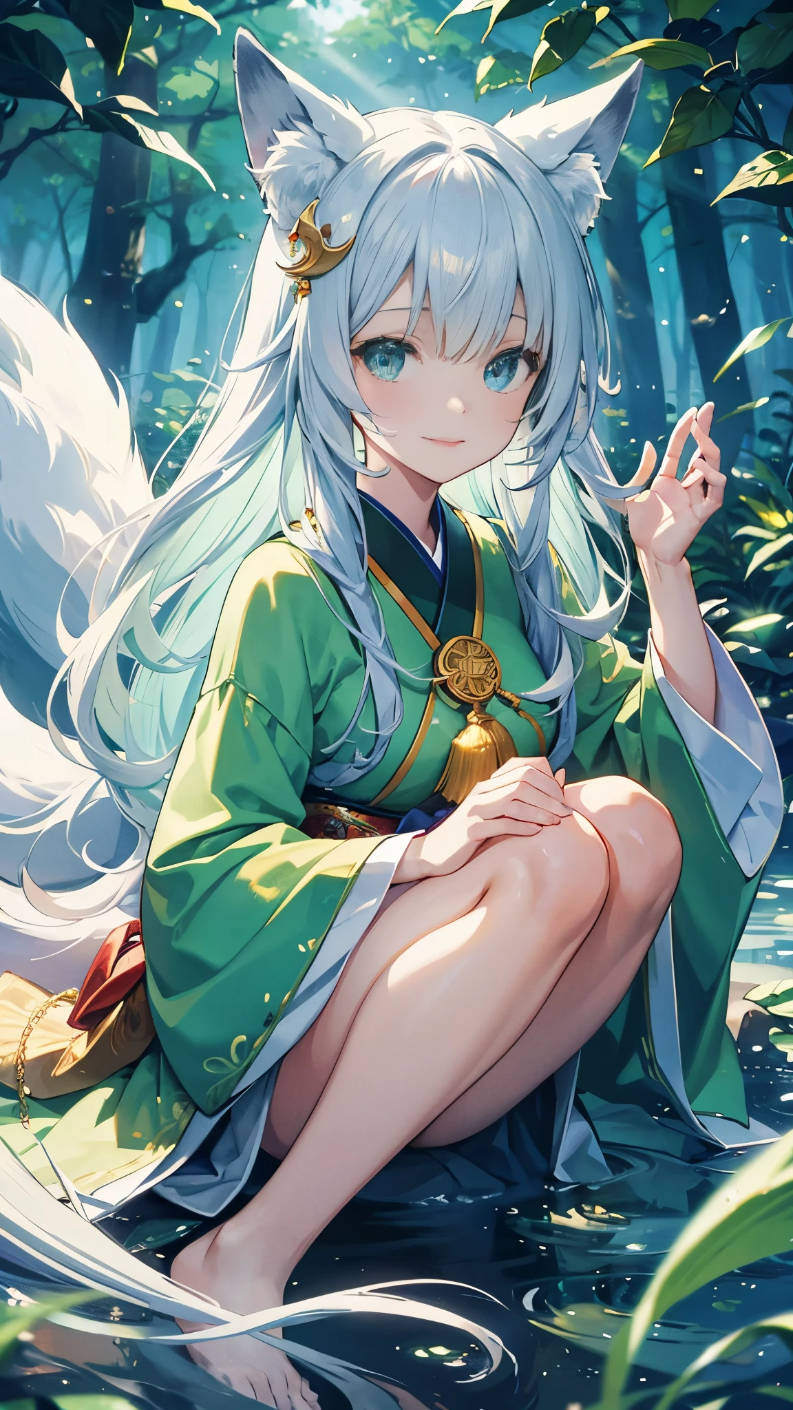 A woman (familiar face) wearing the magical symbols of a shining forest, clear sky, fine swirls and perfect wind: fog, fox ears, fox tail, bushy tails, clear sky, the mystery of the Japanese forest, the beauty of tranquility A cute fantasy world of smiles, dignity, Celestia, and light green and silver tones.