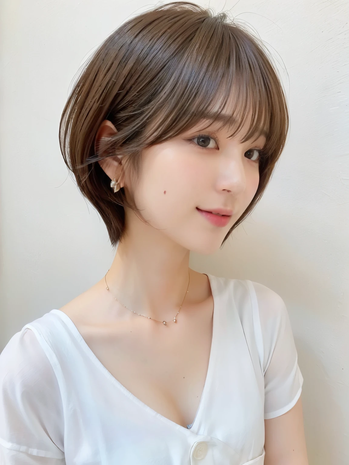 (highest quality、8K、32K、masterpiece、nffsw:1.2)、Photo of Japanese woman in her 20s、very short bobbed hair、Upper body、necklace、shot from above、Don&#39;Don&#39;Don&#39;Don&#39;don&#39;t look at the audience、(realistic、Photoreal:1.37)、1 girl、Shot in natural light、Physically based rendering、excellent image quality、High resolution、1080P、(Detailed facial description)、(Detailed explanation of hands)、(Detailed CG)、Rich details、(exquisite features)、(best image quality)、(masterpiece)、(fine eyes)、delicate clavicle、Versatile poses、profile、white wall、Taken in front of the white door、(窓のあるwhite wallの部屋)、earrings、laughter、Spring clothes、 shortcut、short hair、((white blouse))