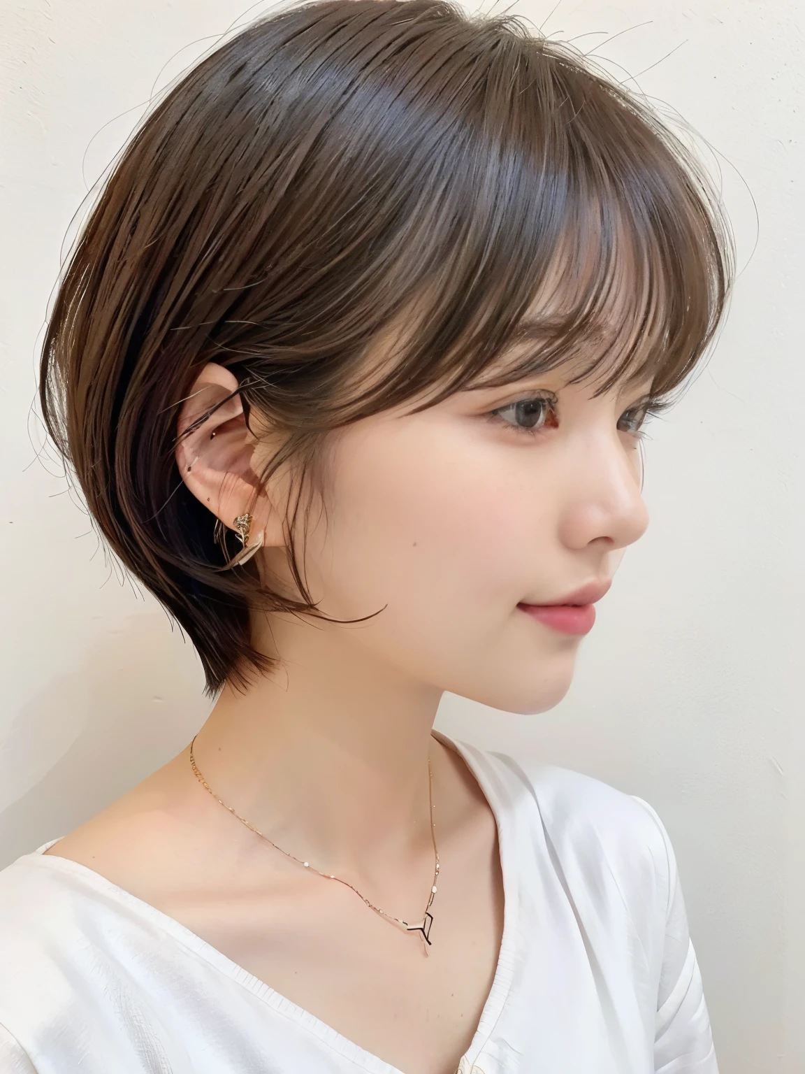 (highest quality、8K、32K、masterpiece、nffsw:1.2)、Photo of Japanese woman in her 20s、very short bobbed hair、Upper body、necklace、shot from above、Don'Don'Don'Don'don't look at the audience、(realistic、Photoreal:1.37)、1 girl、Shot in natural light、Physically based rendering、excellent image quality、High resolution、1080P、(Detailed facial description)、(Detailed explanation of hands)、(Detailed CG)、Rich details、(exquisite features)、(best image quality)、(masterpiece)、(fine eyes)、delicate clavicle、Versatile poses、profile、white wall、Taken in front of the white door、(窓のあるwhite wallの部屋)、earrings、laughter、Spring clothes、 shortcut、short hair、((white blouse))