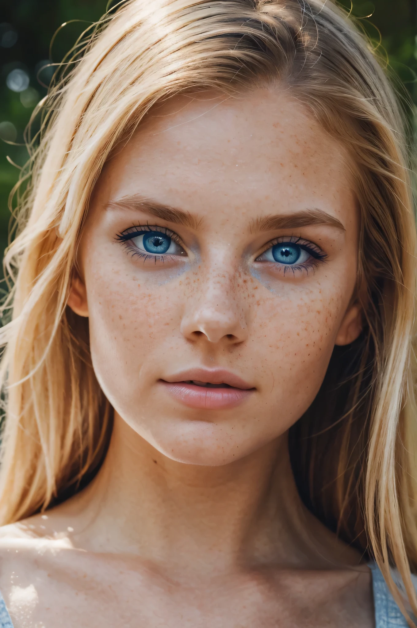 beautiful blonde girl with blue eyes and light freckles. photorealistic. masterpiece, portrait, high quality