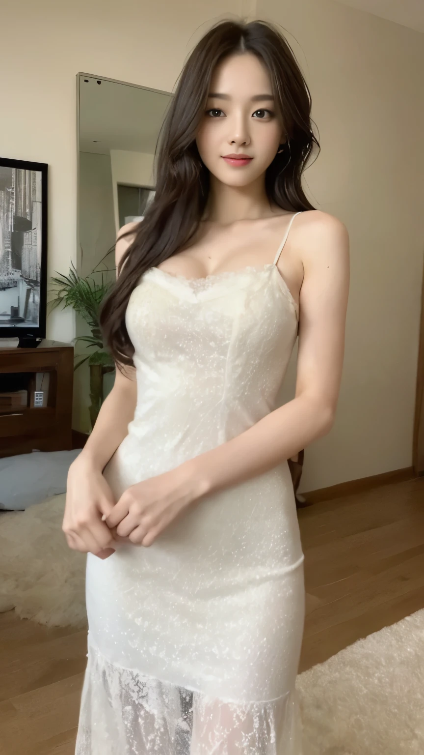 ((top-quality、8k、masterpiece:1.3))、Beautiful woman with perfect body:1.4、slim abdomen:1.2、Longhair, normal breast, Highly detailed facial and skin texture, A detailed eye, delicate eyes, double eyelid, (smile), (full body shot), ((living room)), (standing), (((wearing white long dress))), looking in front