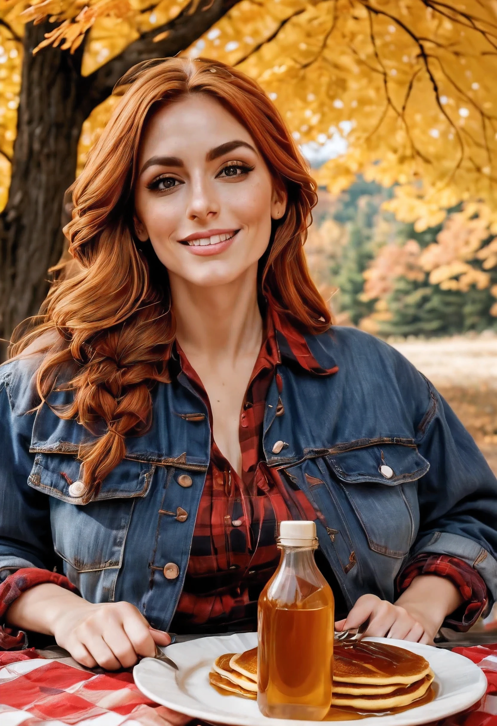 (full shot: 1.3), a beautiful 30-year old woman sitting outside under a autumn maple tree, at a picnic table, eating a stack of pancakes with maple syrup, syryp bottle on the table. She has brownish-red hair, hair made into a loose braid, (dark eyebrows:0.8) and high cheekbones, brown eyes, (downturned eyes), light skin and (freckles: 0.8), she has a voluptuous figure and (massive breasts), (sagging breasts), she is wearing jeans and a loose red flannel shirt under a denim jacket.
