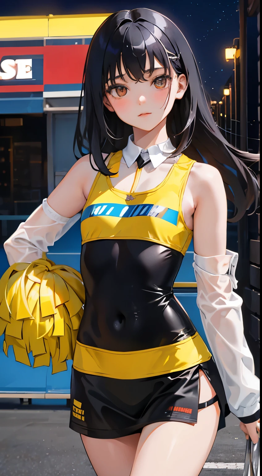 (short cute girl, young studeg delicate girl),(masterpiece,Top quality),cheerleader,long black hair,night