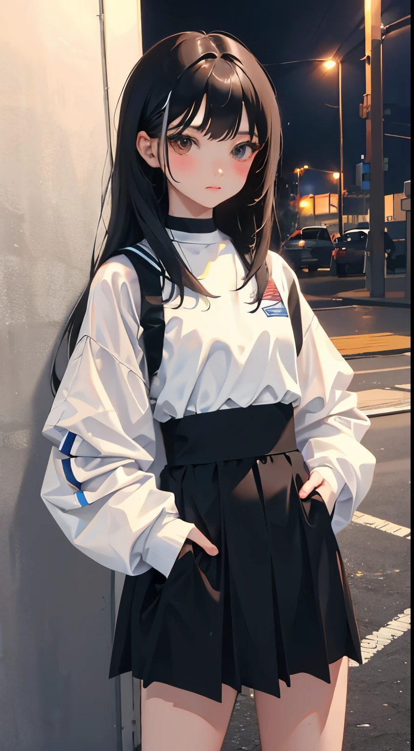 (short cute girl, young studeg delicate girl),(masterpiece,Top quality),cheerleader,long black hair,night