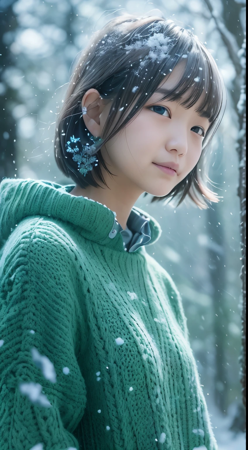 in the snowy forest, japanese girl, 15 years old, , cute girl, blue wniter knit sweater, snowing, The wind is blowing, pupils sparkling, silver short hair, realistic Portrait, depth of field, f/1.8, textured skin, super detail, high details, high quality, super detail, high details, high quality, best quality, highres