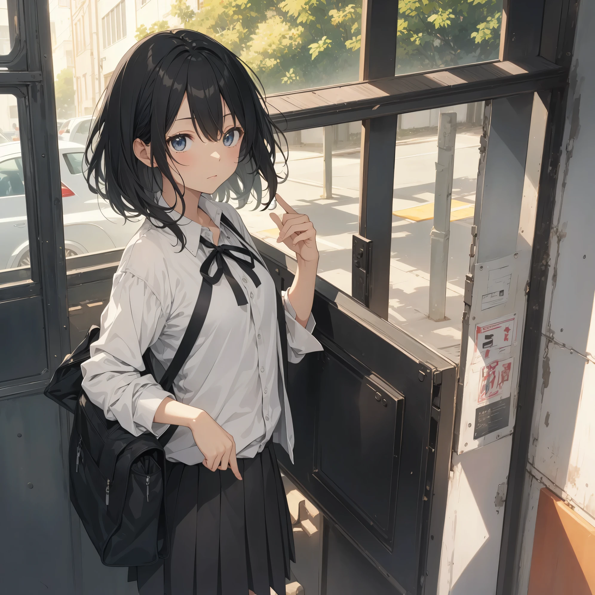 Super high quality by the art god, super detailed, High resolution, anime moe art style, best anime 8K konachan wallpaper, pixiv contest winner, perfect anatomy, break,(Please draw a girl walking sleepily to school alOne. )break, 1 girl, (alone,little woman, lolita, , 13 years old:1.3),All limbs, full finger,, The charm of an immature body, (very short hair), hair_that's all_One_eye, flat chest, small ass, between legs, small black eyes, beautiful detailed eyes, well-proportiOned iris and pupils, expressive eyes, highres detailed hair, skirt, collared shirt, neck ribbon, pleated skirt, school uniform, shirt, white shirt, (detailed lighting), (detailed background), On the way to school. break,super dense skin, Best lighting by famous artists, 8K, figure,UHD, rough skin