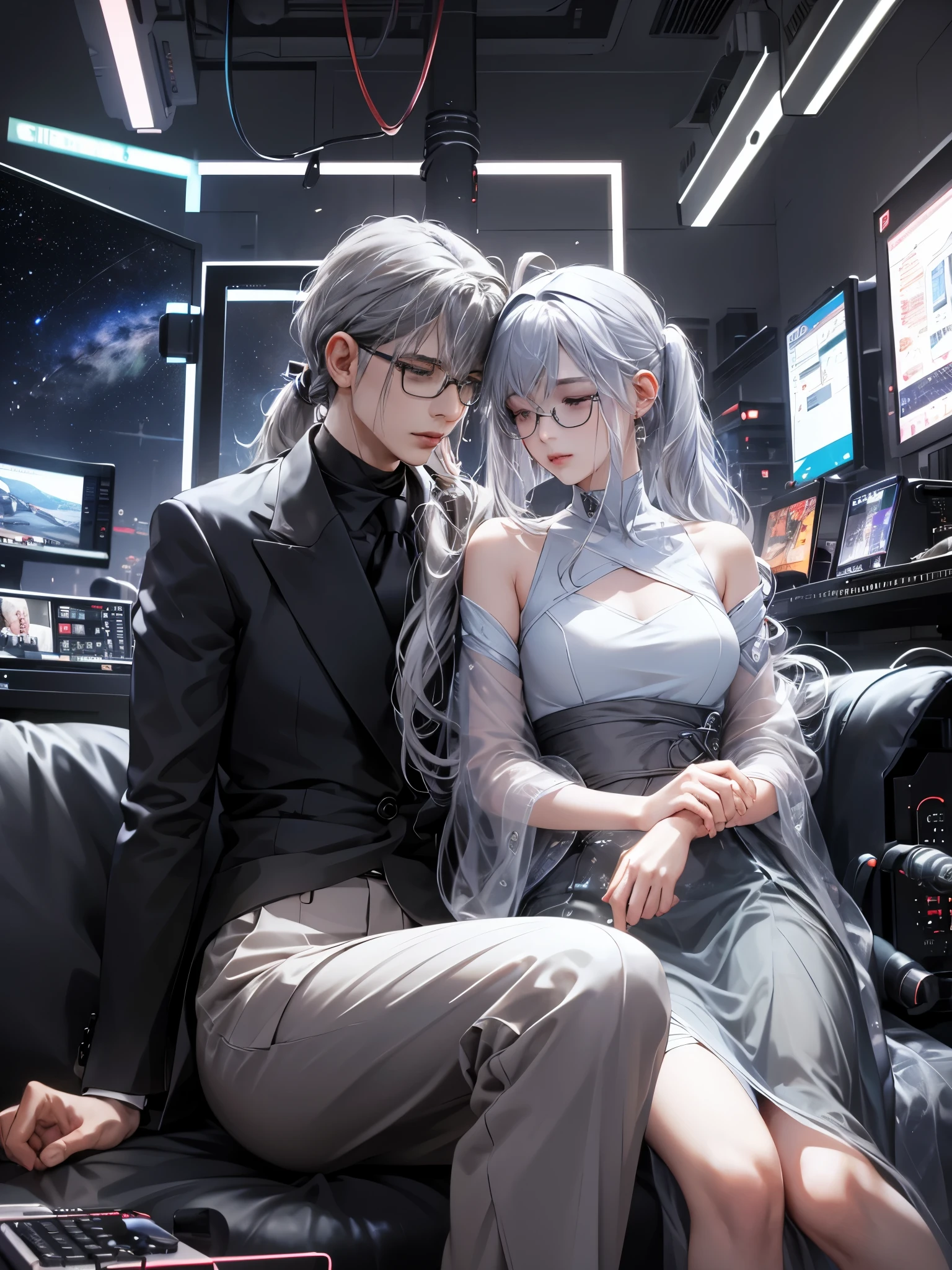 (muste piece)(High definition)20s male android、gray hair、ponytail、hat、Tuxedo、tie、wears round rimless glasses、sitting with both eyes closed、Connected to the machine with multiple cables(charging)、The butt is the connecting part、background(An electronic world that feels like science fiction、A space that feels like inside a machine、Virtual space、near future、Dark)