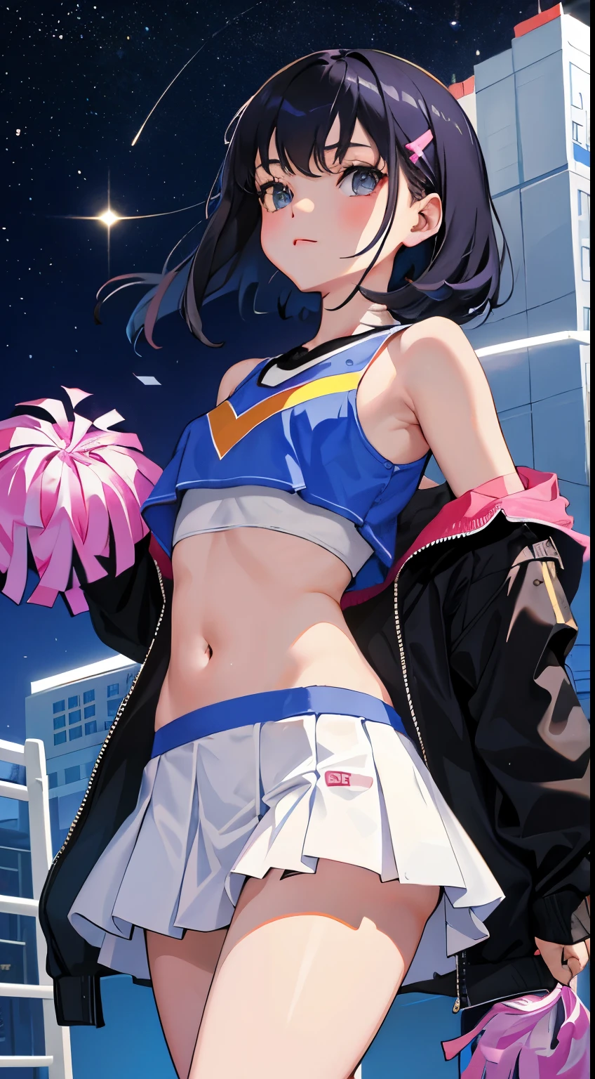 (short cute girl，small young student，young delicate girl）,（masterpiece，Top quality)，Crop Top Look，cheerleader，long black hair，night