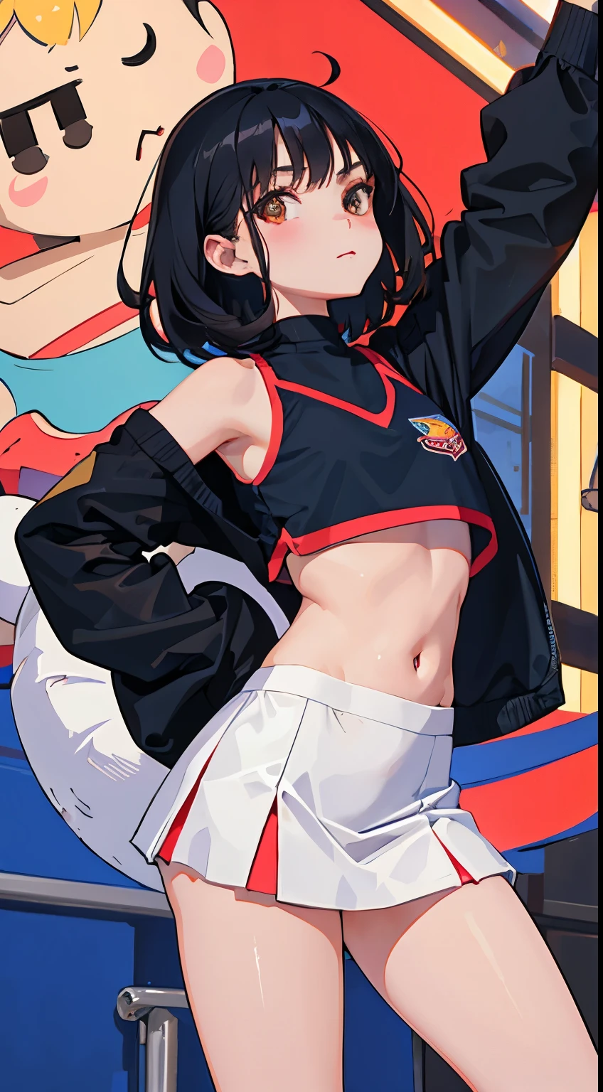 (short cute girl，small young student，young delicate girl）,（masterpiece，Top quality)，Crop Top Look，cheerleader，long black hair，night