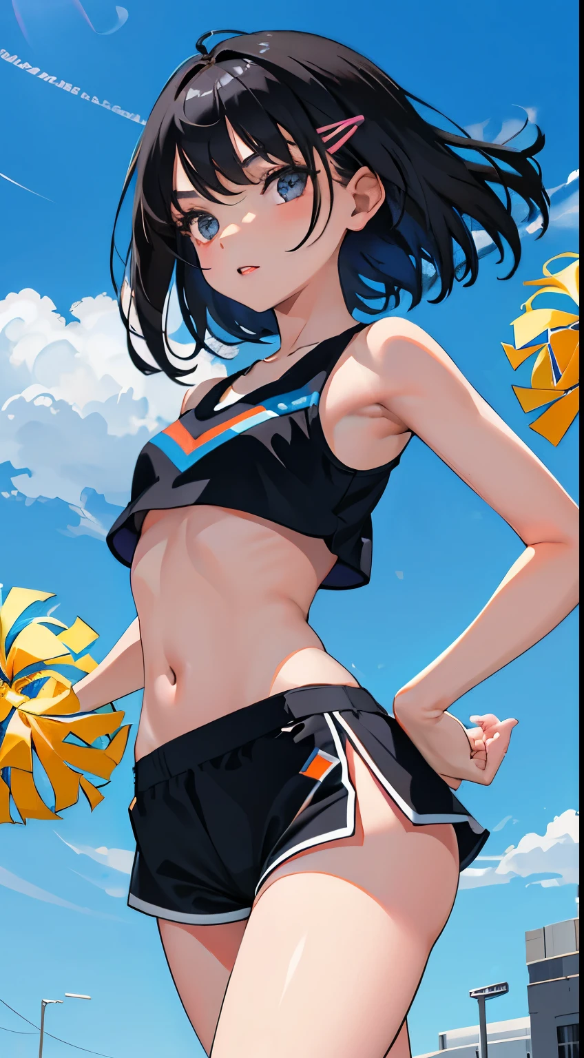 (short cute girl， young studeg delicate girl）,（masterpiece，Top quality)，Crop Top Look，cheerleader，shorts，long black hair