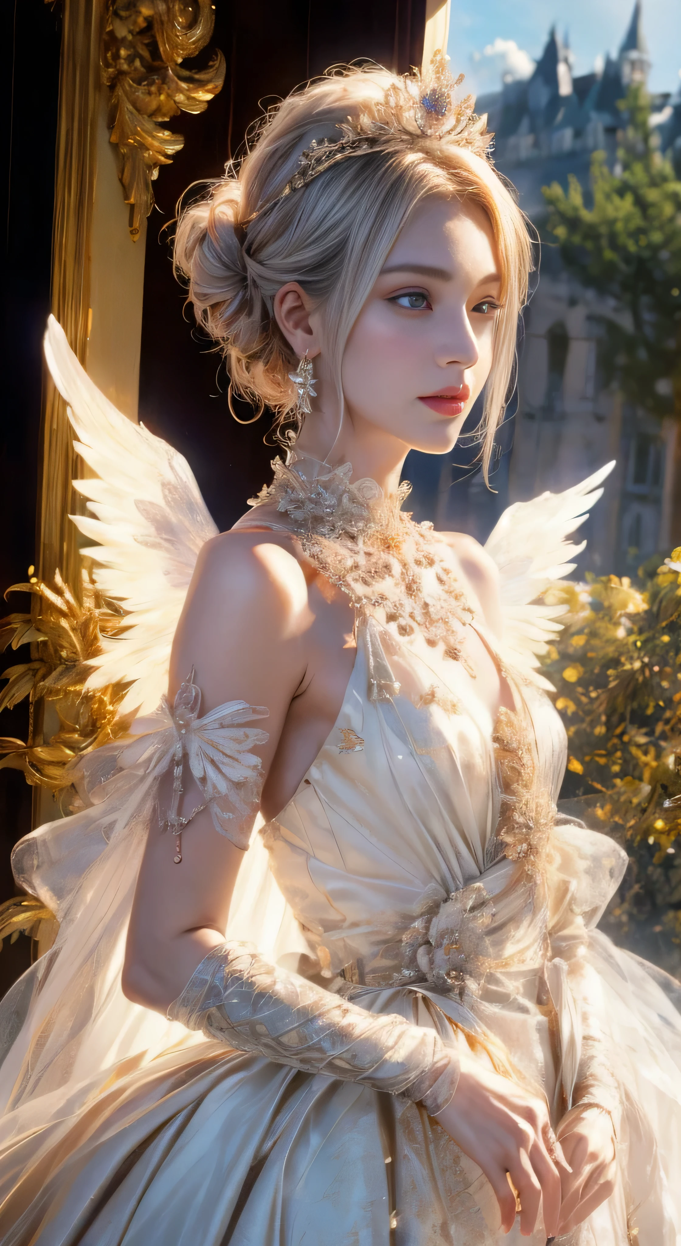 castle in the distance、face is in front、look at the camera、profile、8K、real photos、ultra high resolution, master parts, highest quality, ticker , cinematic images,nice girl、Ann、16 only、Annグロサクソン、double eyelid、droopy eyes、very big eyes、eyes are purple、dark eye shadow、lips are very thin、The tip of your nose grows beautifully.......................................................、small nose,,,,, very detailed , silver hair、straight short hair、smile、 sweet expression 、)、very clear shadows , jewelry , fine eyes, extremely difficult, shiny skin , パーフェクトブリリAnnト, perfect sentence, dramatic shadow、white tiara on head、Gold necklace around the neck、White aristocratic dress with gold embroidery、glass high heels、angel wings