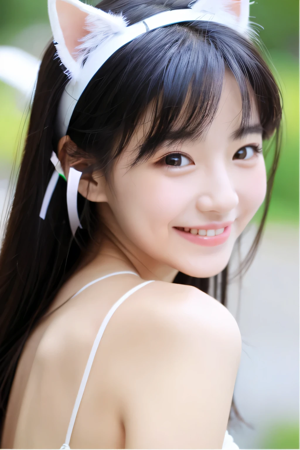 Beautiful woman。Angelic。wearing cat ears。smile。black hair。white skin。