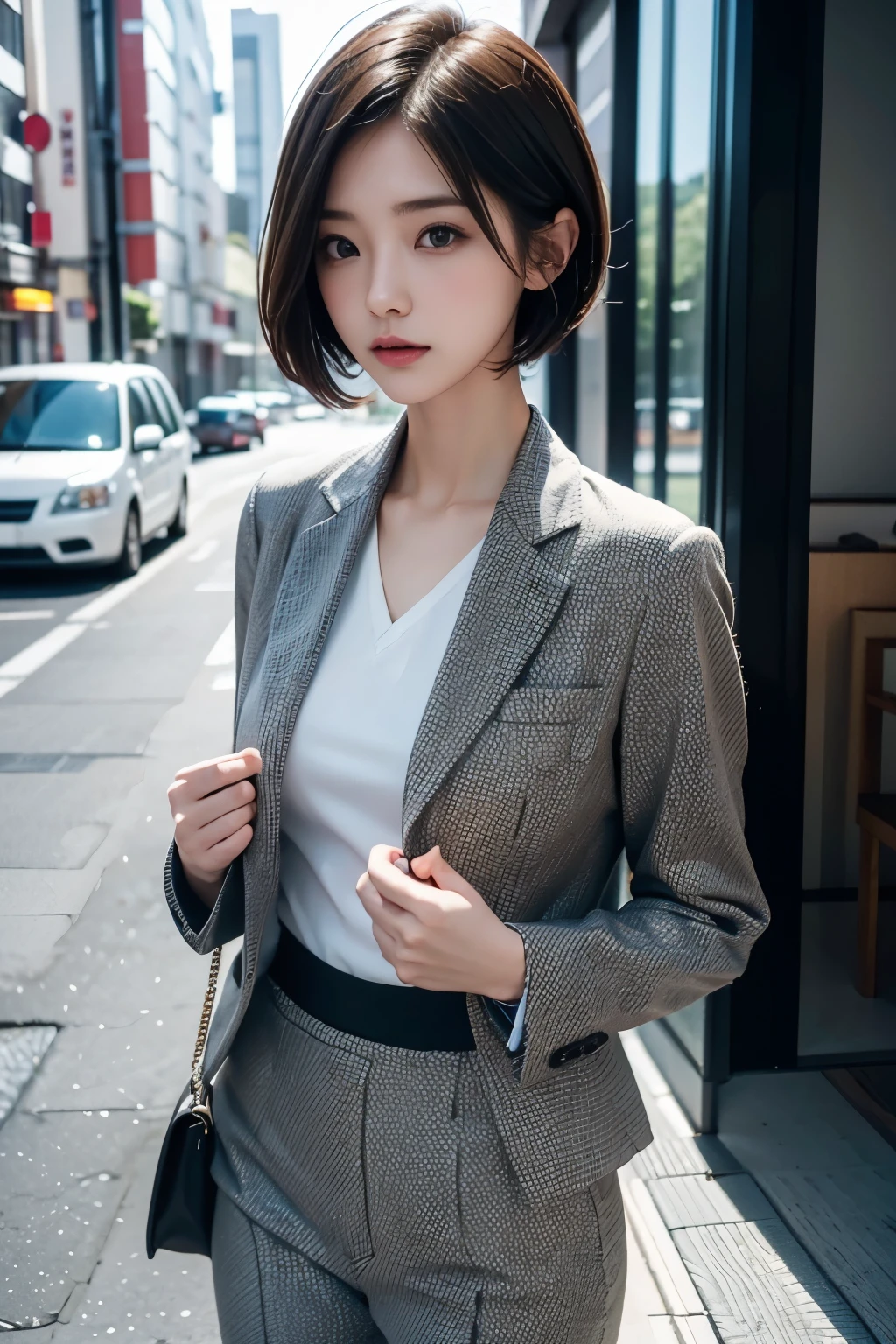A woman in a suit and white shirt standing on a sidewalk - SeaArt AI