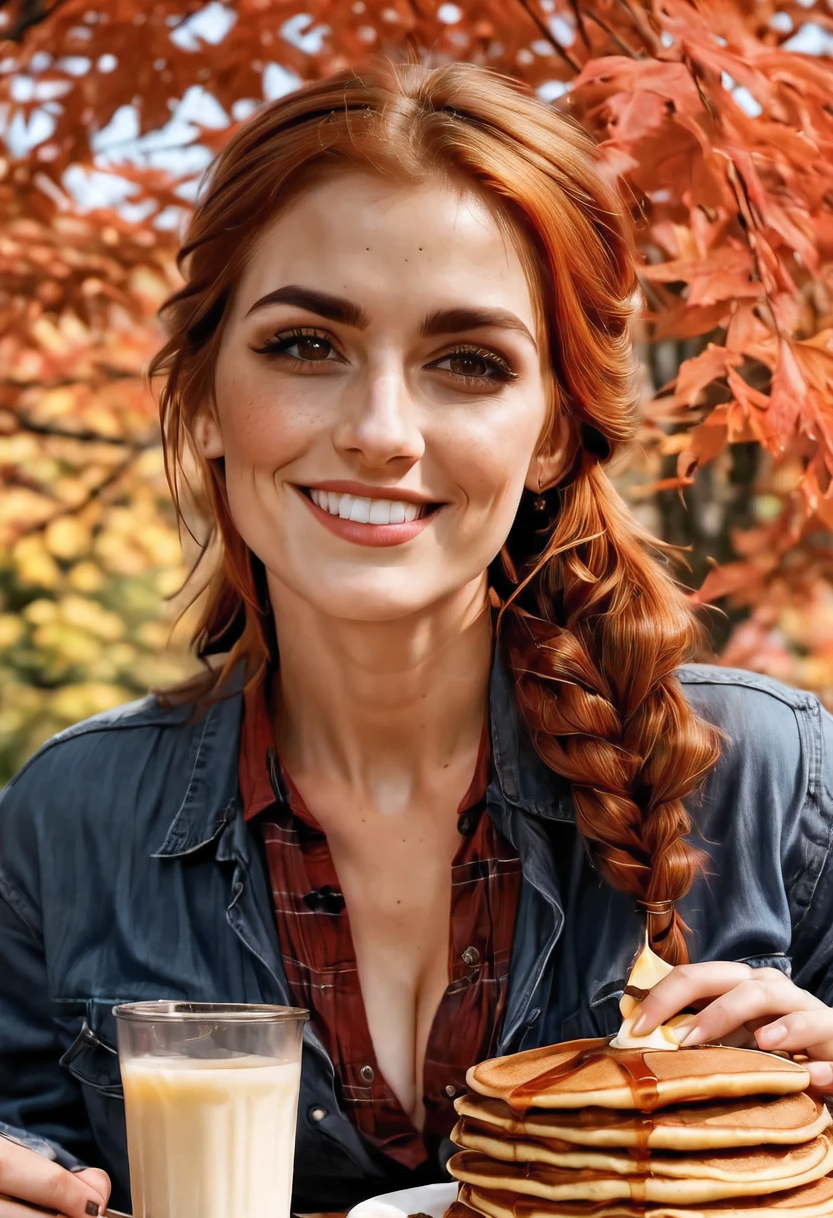 (full shot: 1.3), a beautiful 30-year old woman sitting outside under a autumn maple tree, at a picnic table, eating a stack of pancakes with maple syrup, syryp bottle on the table. She has brownish-red hair, hair made into a loose braid,black eyebrows and high cheekbones, brown eyes, (downturned eyes), light skin and(freckles: 0.8), she has a voluptuous figure and (massive breasts), (sagging breasts), she is wearing jeans and a loose red flannel shirt.