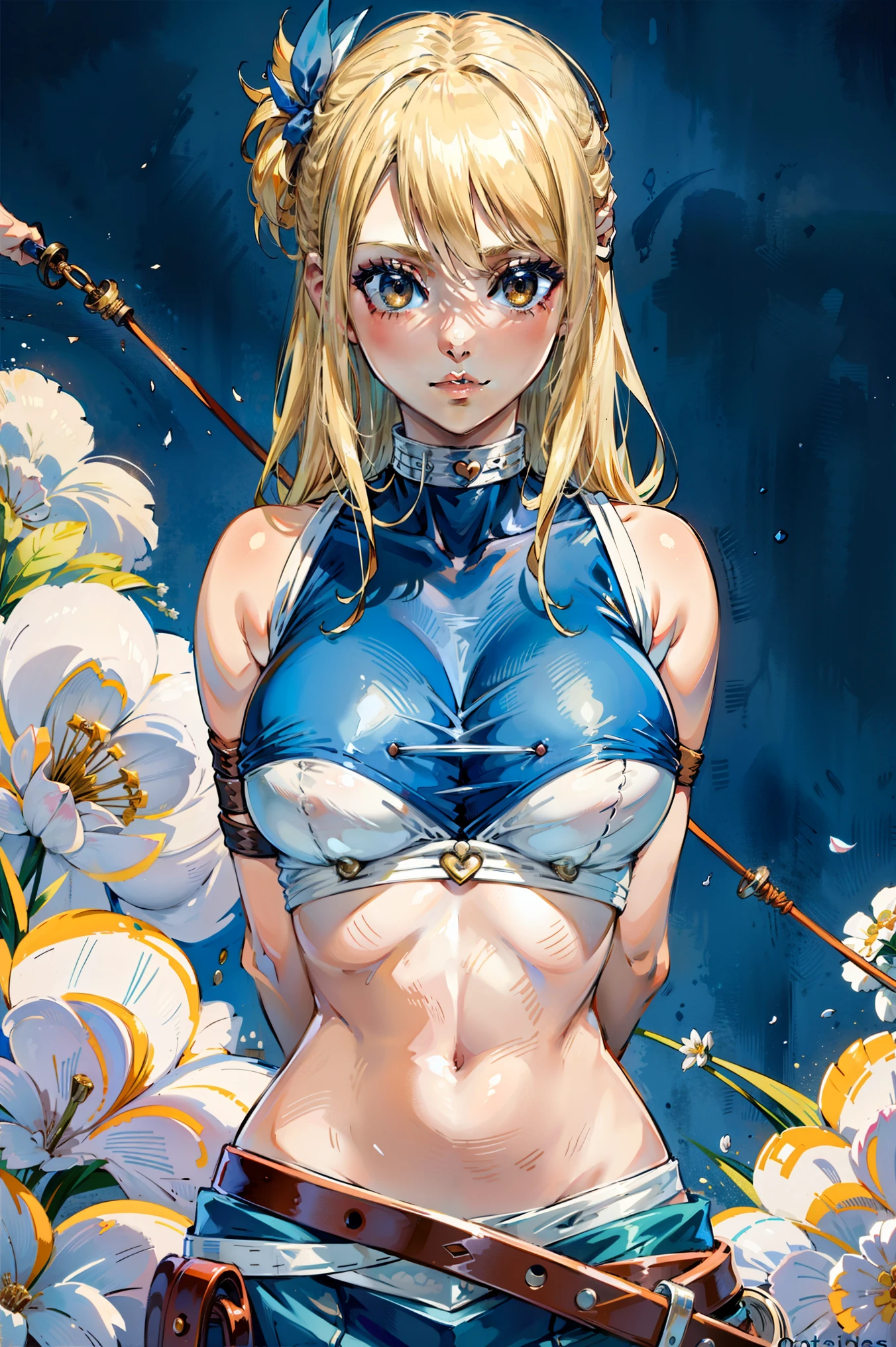 masutepiece, (Best Quality), Lucy Heartphilia, blonde hair, length hair, large full breasts, white shirt, Sleeveless, a belt, a blue skirt,Bound, Bondage, (arms behind back:1.4), BDSM, tape gag, tape, TAPE BONDAGE, close-up, srestrained, best anatomy, Curled up, Upper body,