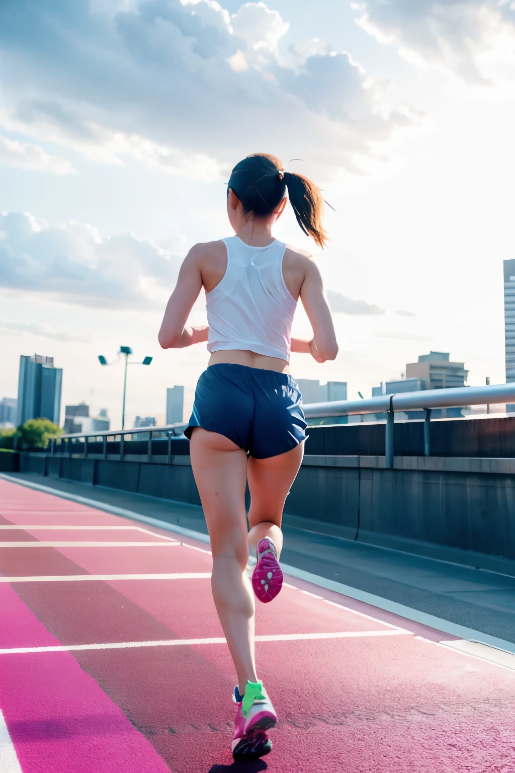 highest quality, masterpiece, ultra high resolution, (realistic: 1.4), RAW photo, 1 girl, alone, running, gray track top, pink shorts, ponytail, athletic build, dynamic brush strokes, fluid movement, Capture the essence of her athleticism and energy, Use bright colors and soft tones、Creates a dreamy, ethereal atmosphere, portraying the motion and grace of running, short hair, and the scenery around her.

outdoor, detailed background, Modern City,