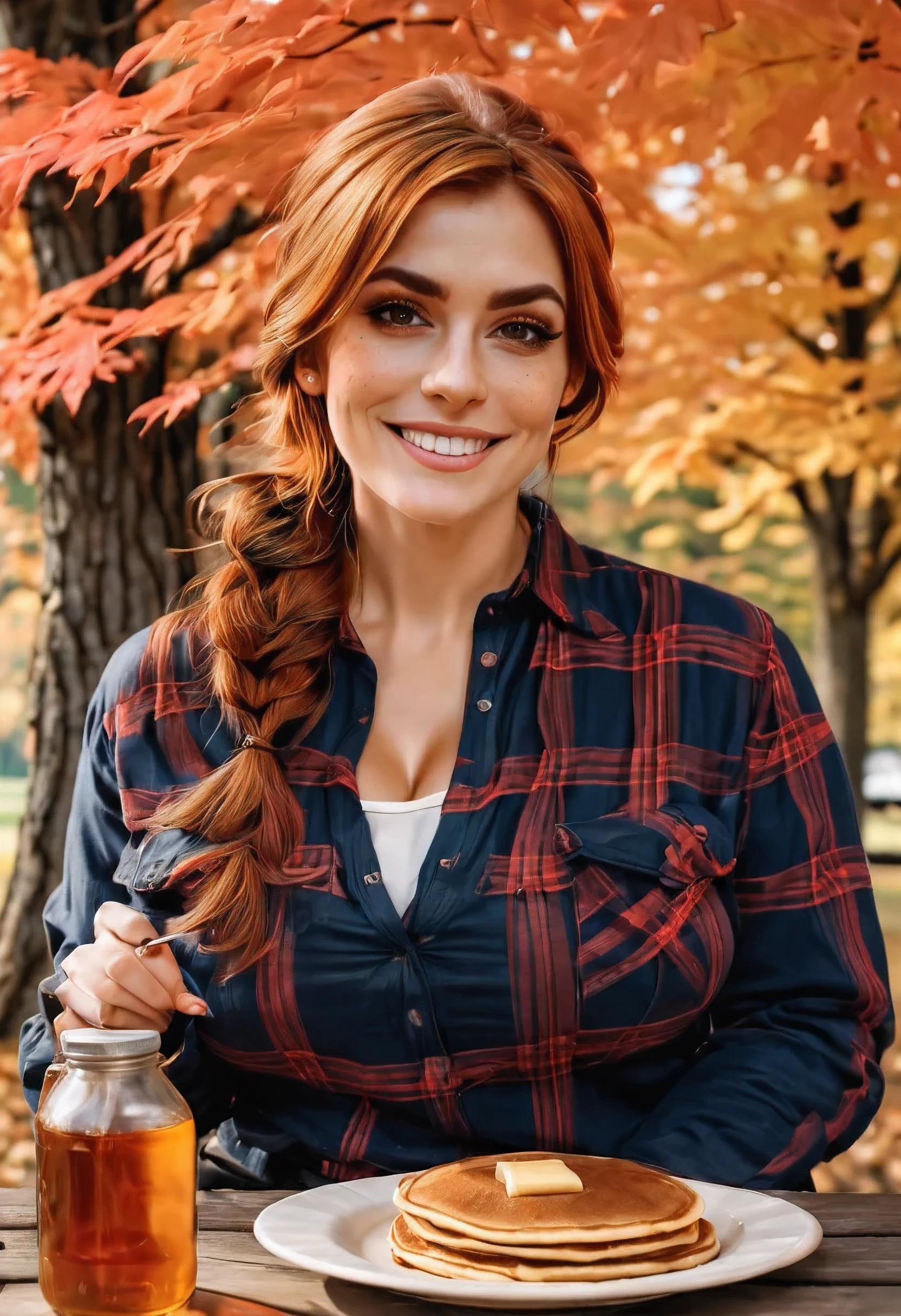 (full shot: 1.3), a beautiful 30-year old woman sitting outside under a autumn maple tree, at a picnic table, eating a stack of pancakes with maple syrup, syryp bottle on the table. She has brownish-red hair, hair made into a loose braid,black eyebrows and high cheekbones, brown eyes, (downturned eyes), light skin and(freckles: 0.8), she has a voluptuous figure and (massive breasts), (sagging breasts), she is wearing jeans and a loose red flannel shirt.
