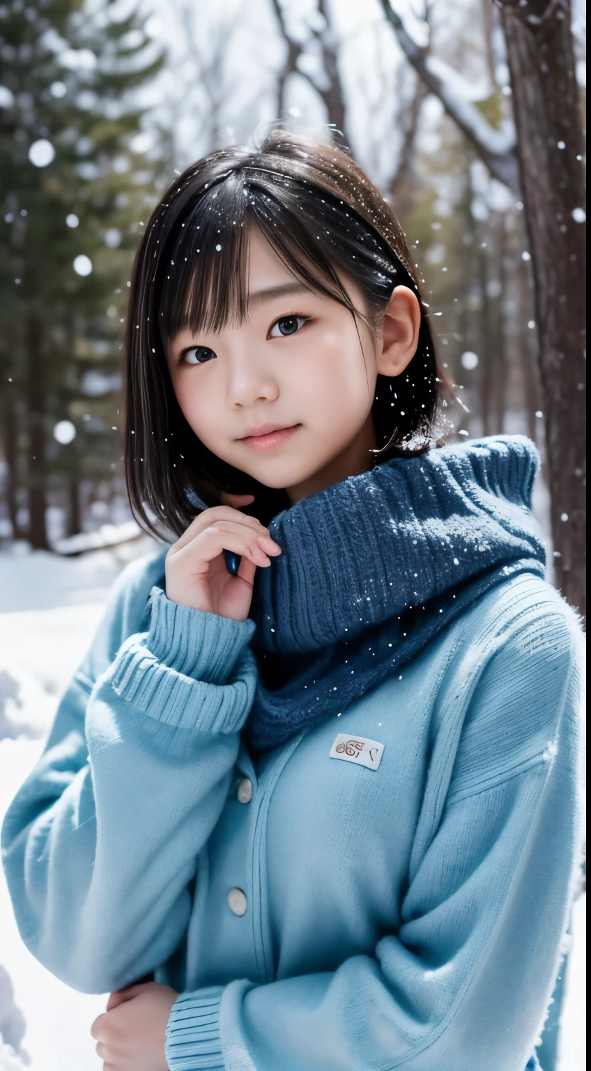 in the snowy forest, japanese girl, , , cute girl, blue wniter knit sweater, snowing, The wind is blowing, pupils sparkling, silver short hair, realistic Portrait, depth of field, f/1.8, textured skin, super detail, high details, high quality, super detail, high details, high quality, best quality, highres