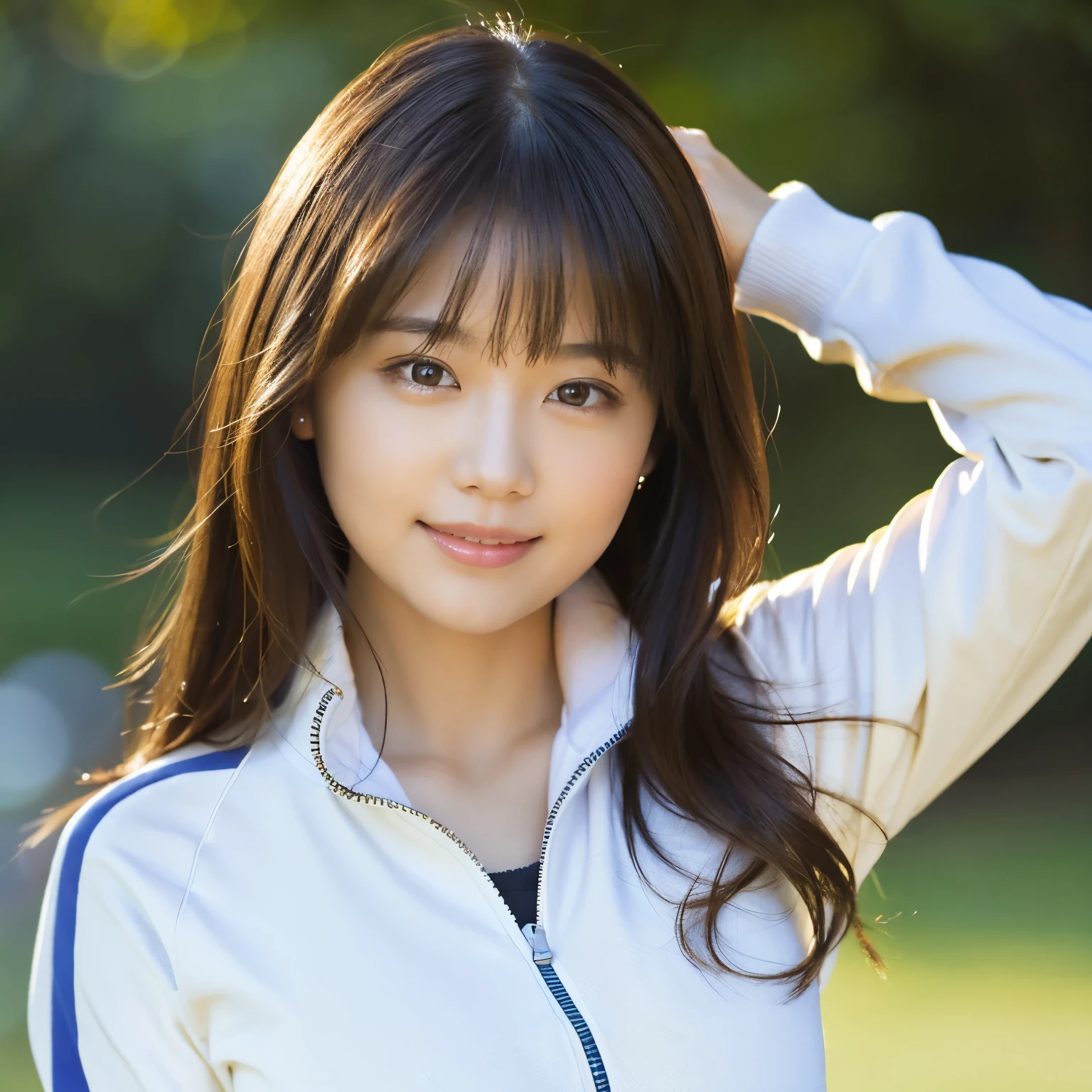 (highest quality、table top、8K、best image quality、Award-winning work)、one beautiful woman、Shining beautiful skin、(most stylish tracksuit:1.2)、(Unzip the jersey and show a little cleavage:1.3)、(The most natural and perfect tracksuit:1.4)、Shining ultra-high definition skin、(accurate anatomy:1.3)、A gentle smile looking at me、(seduce me:1.1)、(photo from the chest up:1.05)、(close up of face:1.2)、Standing gracefully、(Blurry park background:1.2)、portrait photography、(draw softly and smoothly:1.1)、(very bright and vivid:1.1)、very romantic、光を受けてShining beautiful skin、(very bright and refreshing:1.2)、(the most detailed and perfect face:1.1)、(most detailed glowing eyes:1.1)、(beautiful and moisturized skin:1.1)、(1 person:1.1)、The most detailed ultra-high definition beautiful face